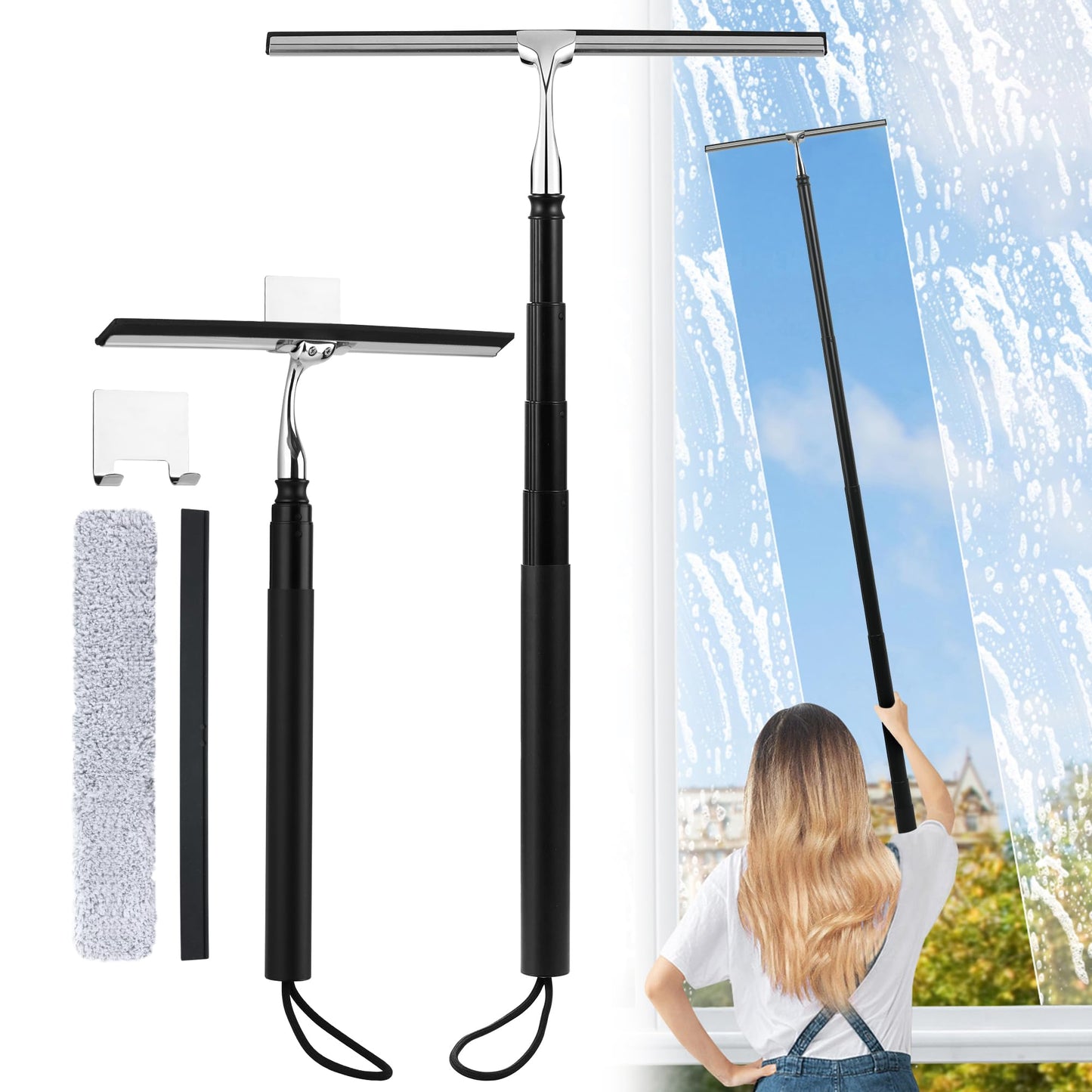 Toncoke 2 in 1 Window Squeegee, Shower Squeegee Window Cleaning Kit with Extension Pole Long Handle Squeegee for Shower Glass Floor Bathroom Home Outdoor, 12 inch Wide, Black