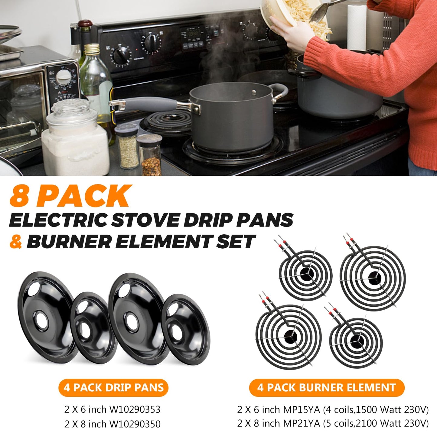 W10290350 W10290353 Porcelain Electric Stove Burner Drip Pans and MP22YA Electric Range Burner Element MP15YA(6") MP21YA(8") by Blutoget- Fit for Whirlpool May-tag Amana Electric Range Stove