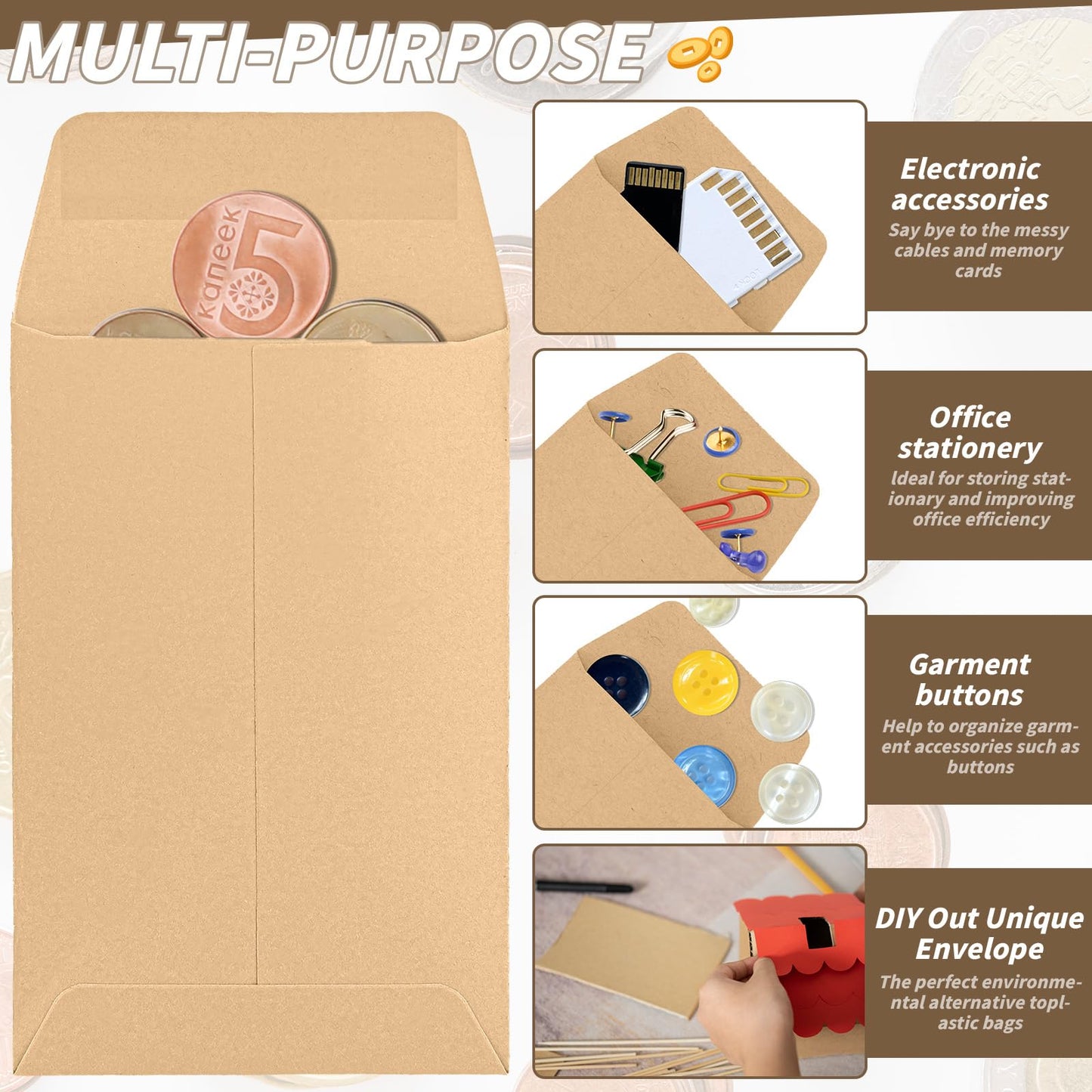 1500 Pack Small Coin Envelopes 2.25x 3.5in Brown Kraft Small Cash Envelopes Mini Key Envelopes with Gummed Flap for Home and Office Use