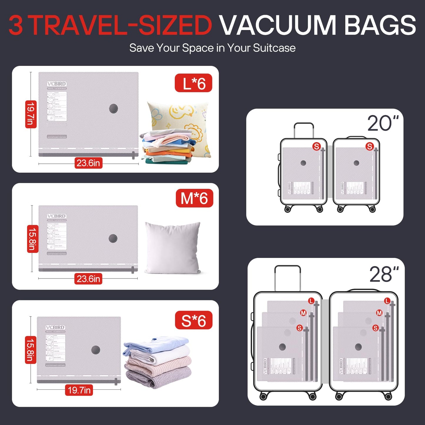 VMstr 18-Pack Vacuum Bags for Travel, Vacuum Seal Compression Bags for Clothing, Carry-On Luggage Space Saver Bags with Plug-in Electric Pump