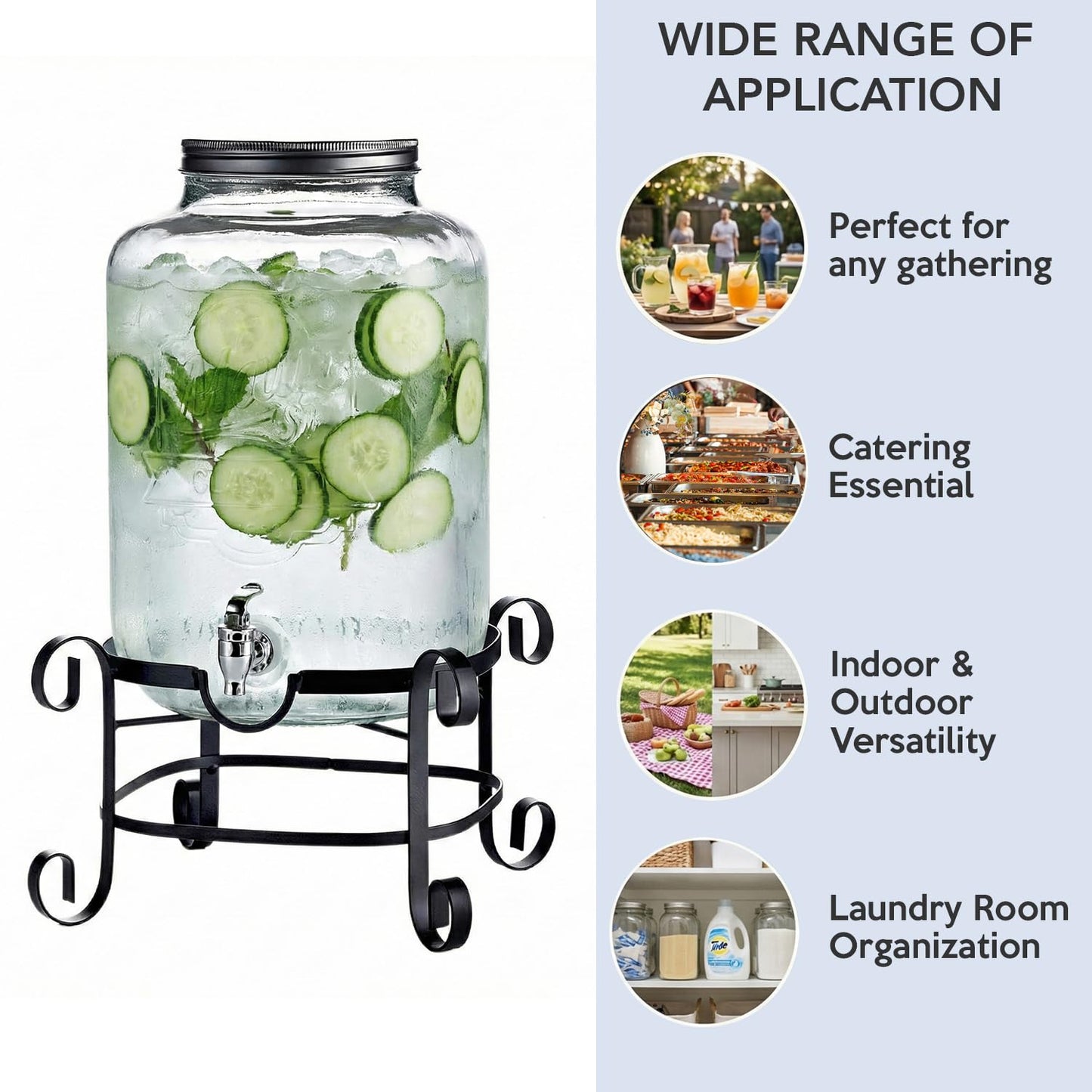 Style Setter Beverage Dispenser Cold Drink Dispenser w/ 3-Gallon Capacity Glass Jug, Metal Stand & Leak-Proof Acrylic Spigot Great for Parties, Weddings & More