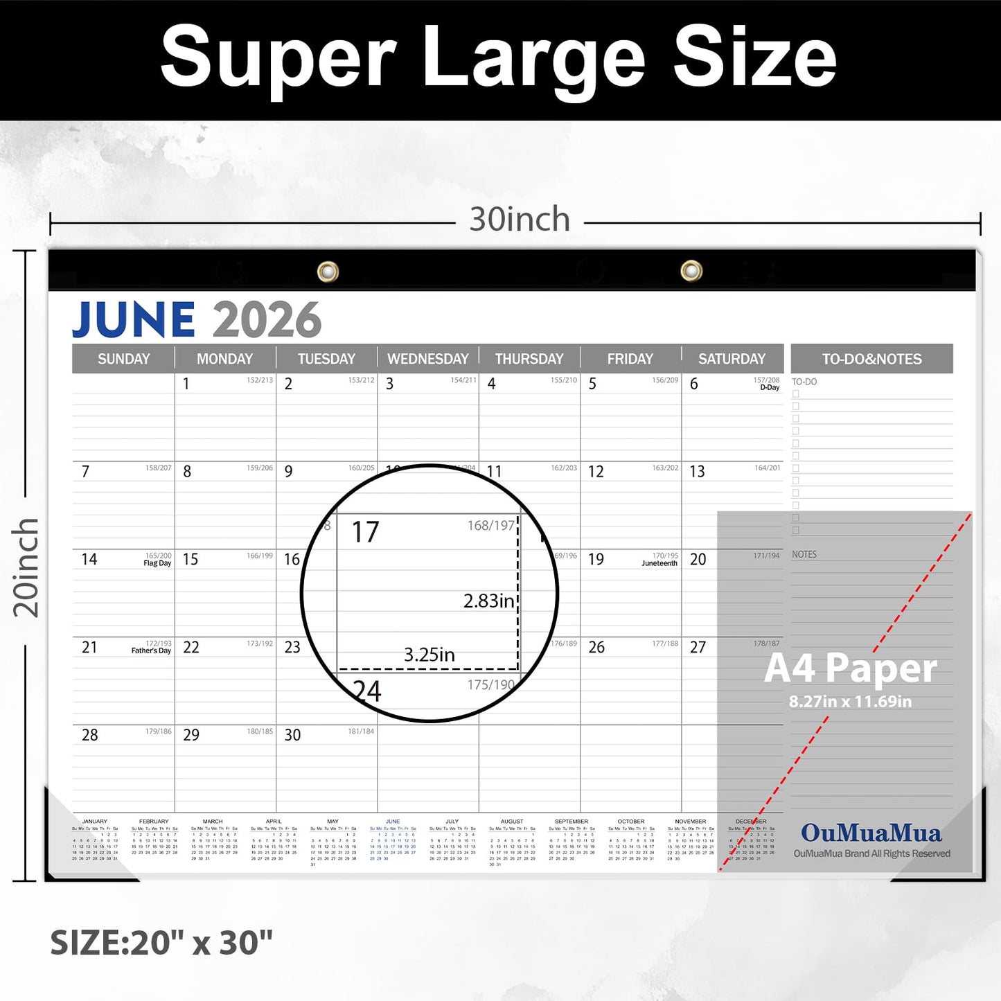 OuMuaMua Extra Large Desk Calendar 2026-2027, 20"x 30" Jumbo Desktop Wall Calendar from Jun. 2026 through Dec. 2027, 19-Month Paper Hanging Planner with Julian Date To-do & Notes, Corner Protectors for School Home Office
