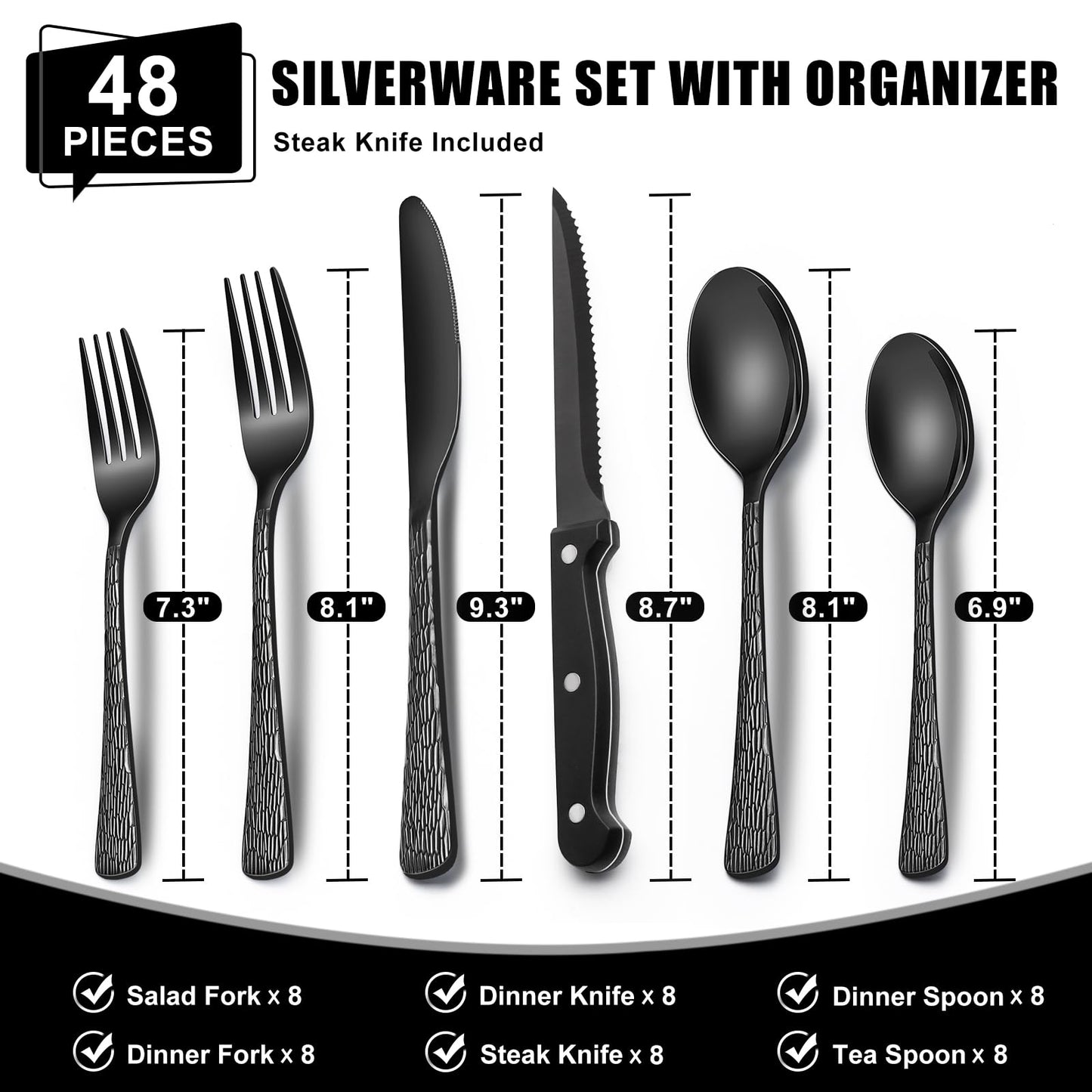 49-Piece Black Silverware Set with Organizer, Food-Grade Stainless Steel Black Flatware for 8, Cutlery Utensil Sets with Steak Knives, Rust-proof, Mirror Polished, Dishwasher Safe, Tree Pattern