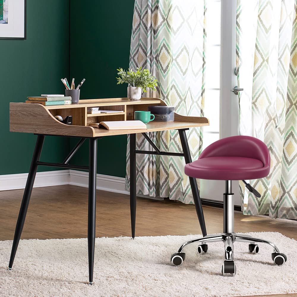 KKTONER PU Leather Round Rolling Stool with Back Rest Height Adjustable Swivel Drafting Work SPA Medical Task Chair with Wheels (Rose red)