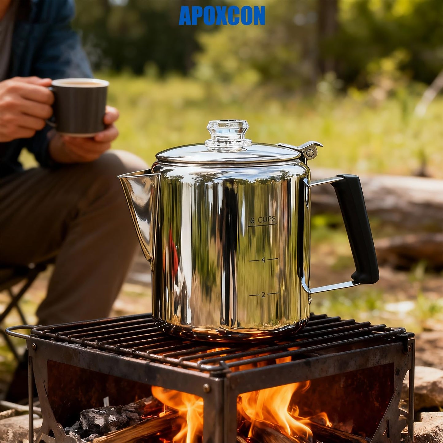 Multi Use Percolator Coffee Pot Stainless Steel Stove Top Coffee Maker with Two Tough Borosilicate Glass Knob Silica Handle Camping Coffee Pot Using on Campfire Stove & Induction Cooker Silver 6 Cup