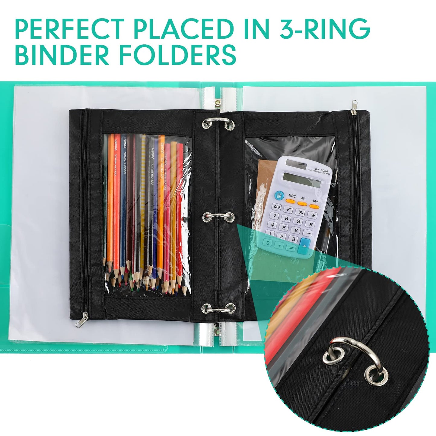 Marspark 30 Packs Pencil Pouch 3 Ring Binder Pen Pouch Cloth Pencil Pouches Zipper Pen Case Bag with Clear Window for School Office Writing Supplies Gifts(Black)