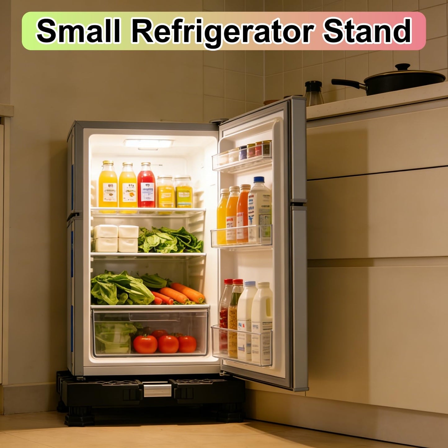 QinSuiKai Heavy Duty Mini Fridge Stand with 20x20" Mini Fridge Mat, 8 Steel Tube and 4 Strong Feet with Raised Base Adjustable Refrigerator Stands, Drip Prevention