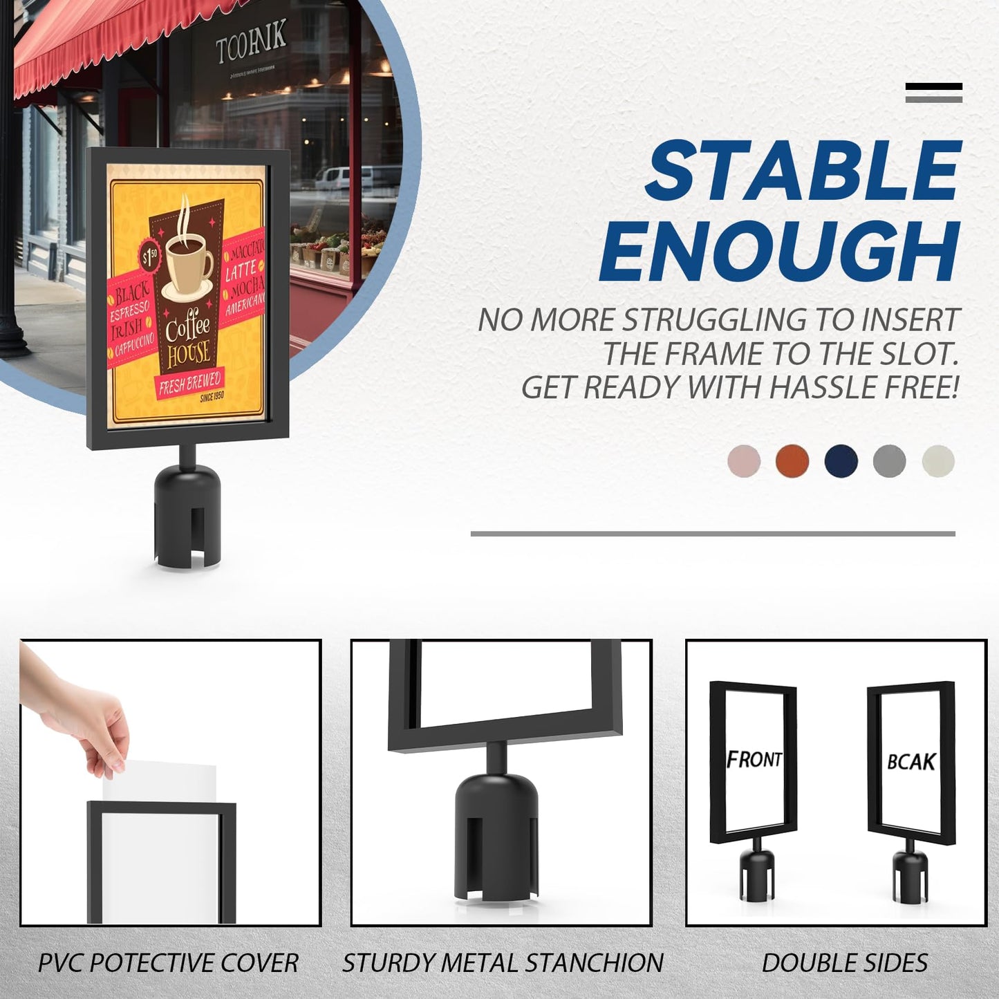 Estleys 4 Pcs Stanchion Sign Holder 8.3 x 11.7, Portrait Post Top Stand Poster Display, Double Sided Sign Frame with Cover for Crowd Control Queue Barrier Sentry Stanchions Black Iron