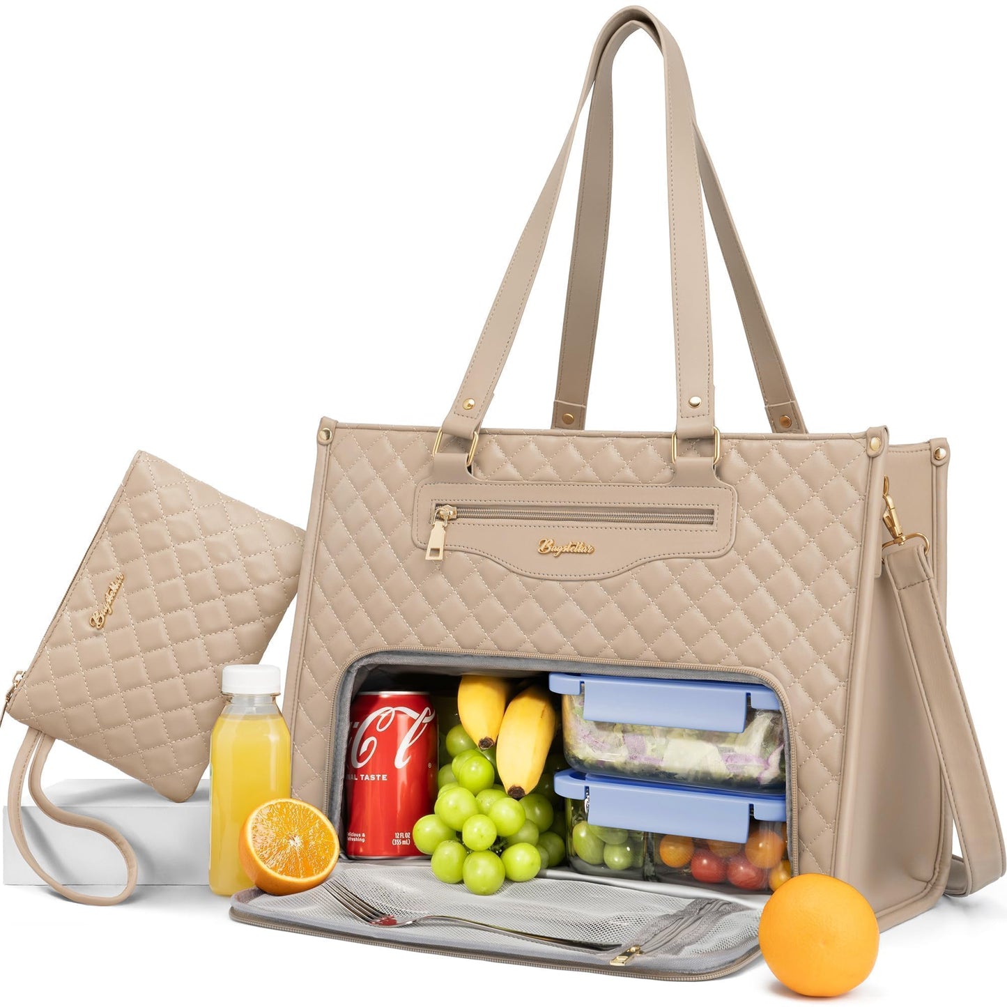 Bagstellar Lunch Tote Bag for Women, 15.6 Inch Laptop Work Bag with Insulated Lunch Box Compartment & Purse Large Capacity Quilted Computer Handbag for Office Business Work Nurse Teacher Travel Casual