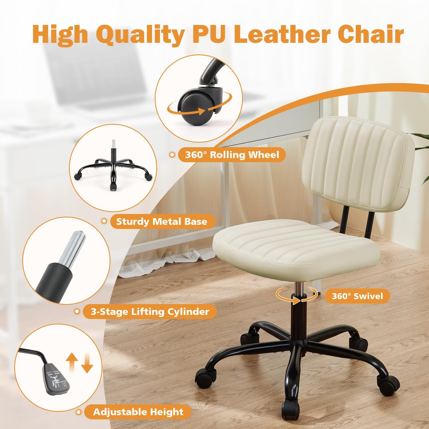 Sweetcrispy Small Office Desk Chair - Armless PU Leather with Comfy Lumbar Support, Height Adjustable Rolling Swivel Task for No Arms, for Adult, Student, Bedroom, Home, Vanity, Beige White
