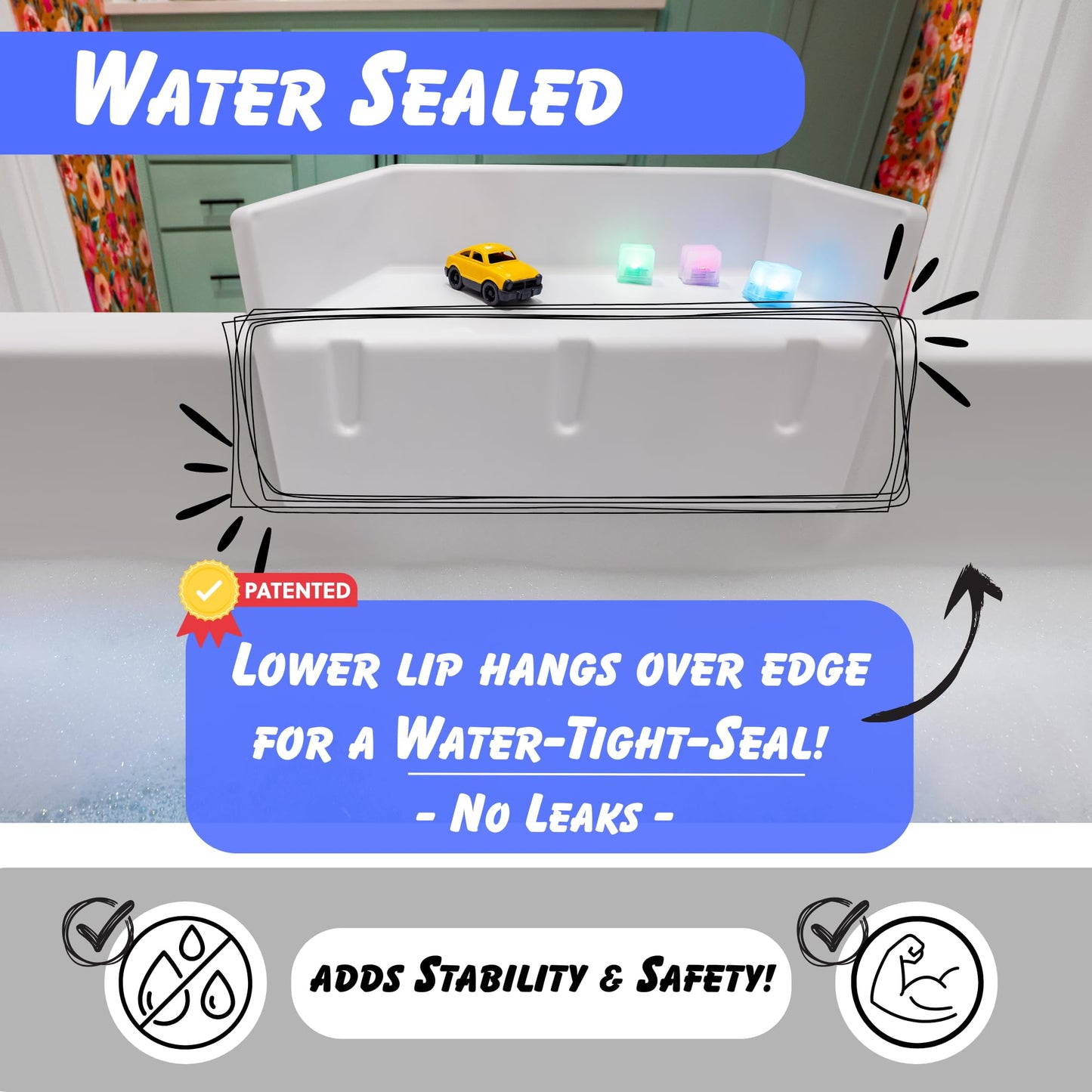 Tub Topper® Mini Bathtub Splash Guard for Kids - Compact Bath Splash Guard & Tub Play Shelf - Easy to Remove, Store & Clean - Patented Lip Design, Non-Silicone, BPA-Free, Made in USA (White)