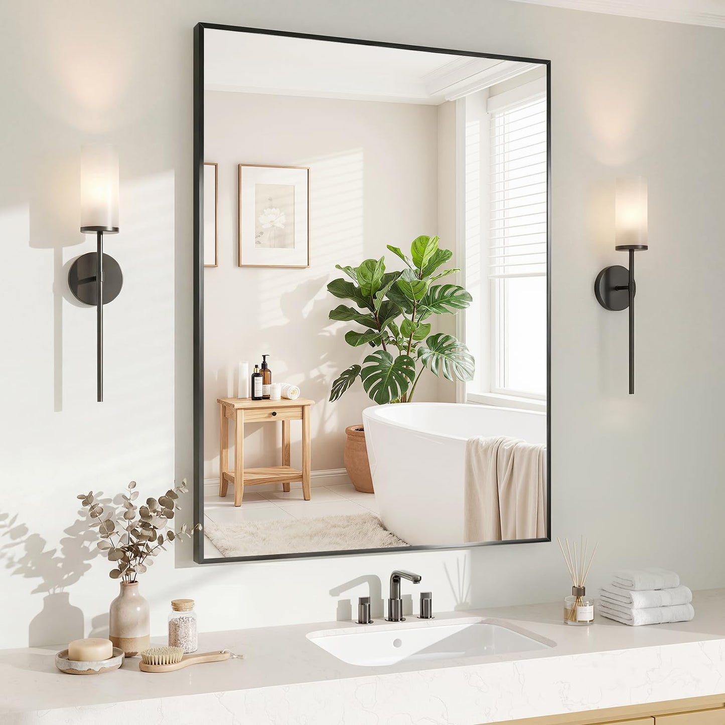 Koonmi Black Mirrors for Wall, 24x36 Inch Bathroom Mirror, Rectangular Wall Mirror for Living Room Bedroom Bathroom, Hangs Horizontally or Vertically
