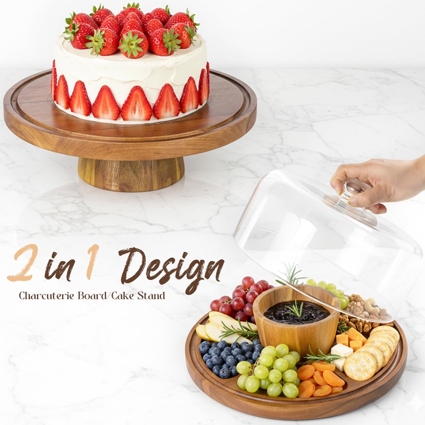 Krbnk Acacia Wood Cake Stand with Lid, 12" Wooden Cake Holder with Glass Dome Cover, 2-In-1 Round Cake Stand Dessert Table Display Set & Charcuterie Board for Weddings, Parties, Bakeries