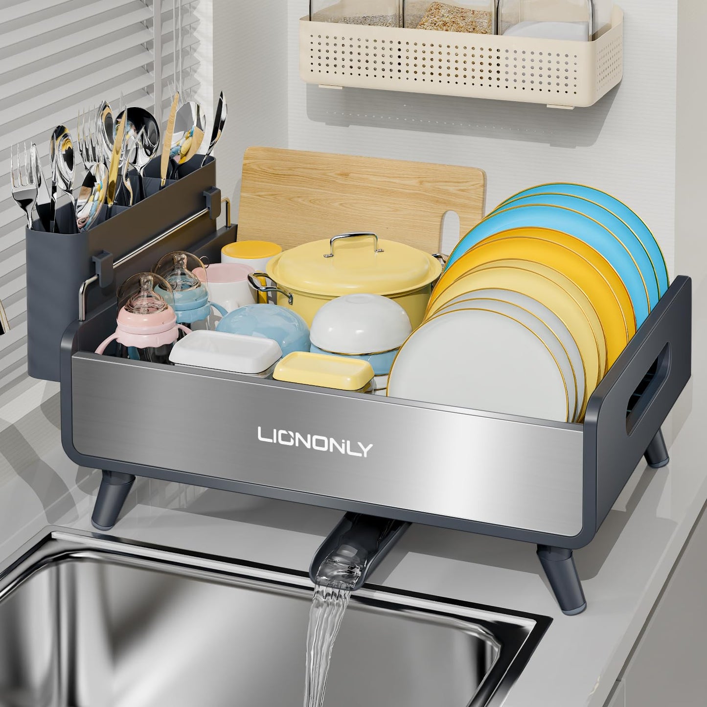 LIONONLY Dish Drying Rack with Drain Board, 304 Stainless Steel Core, Aluminum Rustproof Frame, Anti-Slip Elevated Feet, Removable Adjustable Spout, Utensil Holder, Gray