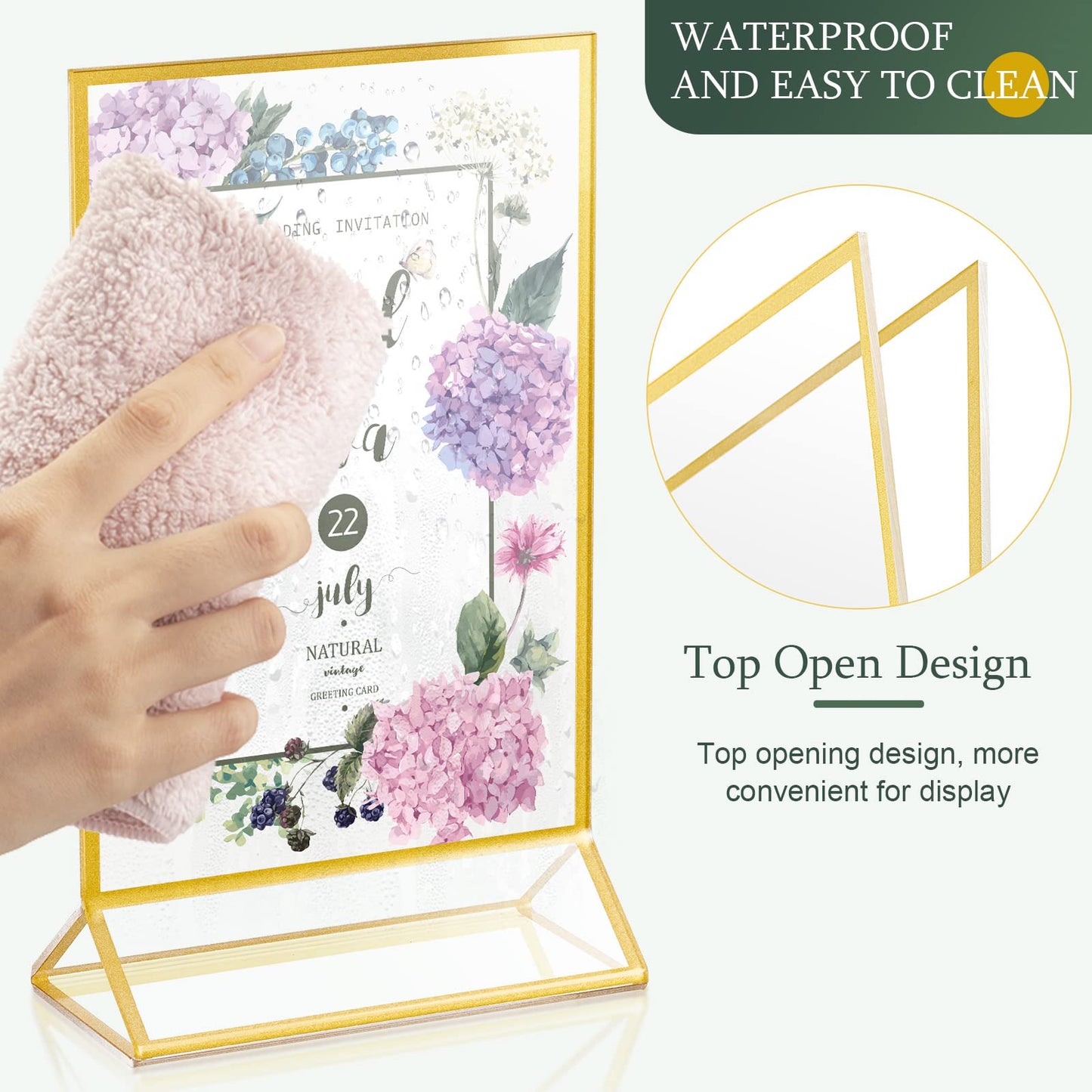 Hoteam 12 Pieces Gold Frames Clear Acrylic Sign Holder Double Sided Menu Display Stand with Gold Borders 2mm Table Number Holder for Wedding Recipe Cards Photo Display(Horizontal Vertical,4 x 6 Inch)