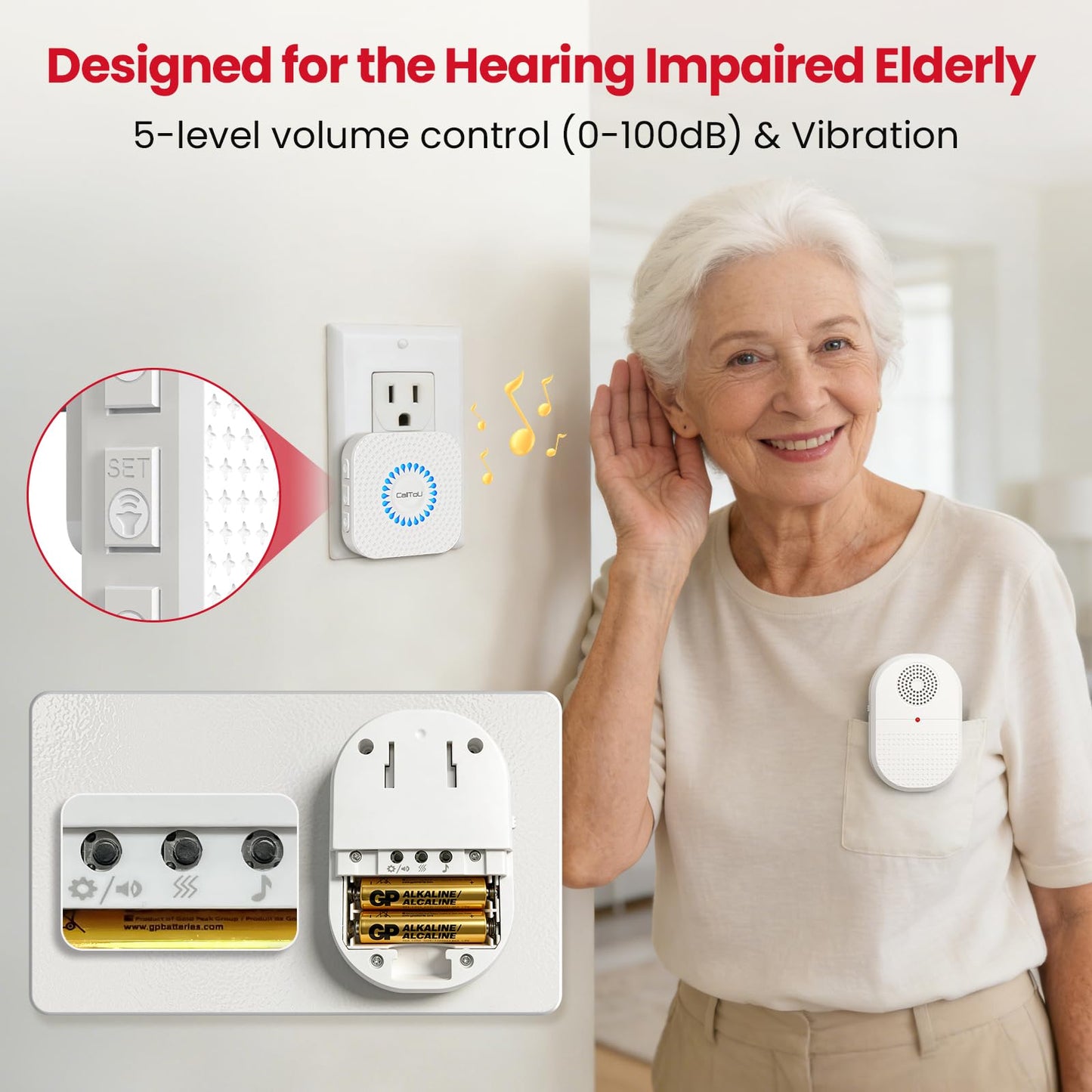 CallToU Caregiver Pager Call Button for Elderly at Home, 500ft Wireless Call Bell with 1 Portable Vibrating & 1 Plug-in Receiver, Waterproof Alert Button for Seniors, Patients, 2 Panic Buttons