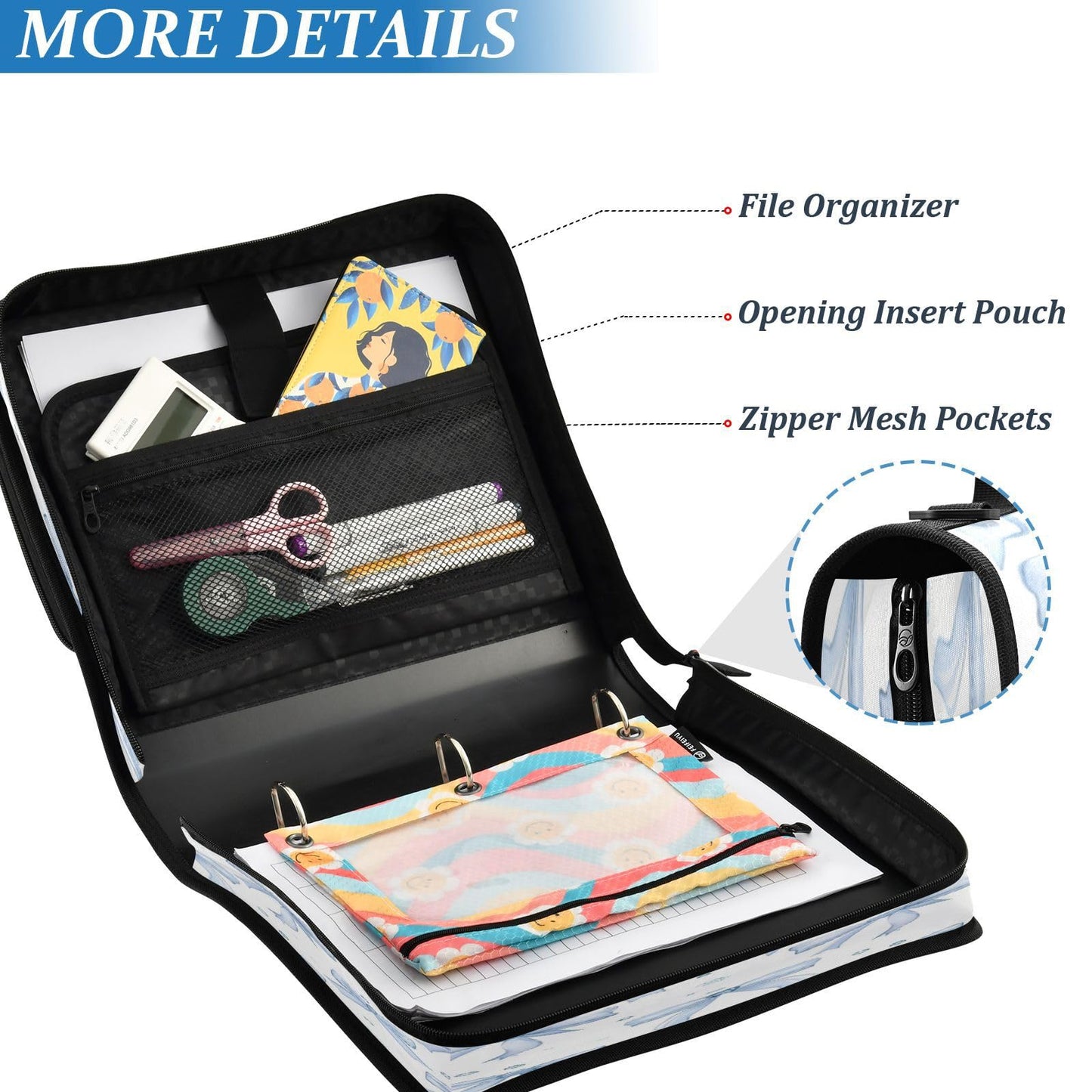 KEEPREAL Blue Bows Zipper Binder for School with Shoulder Strap & Extra Pockets - 1.5 Inch 3-Ring Binder Holds 500+ Sheets, Textbooks, Laptop