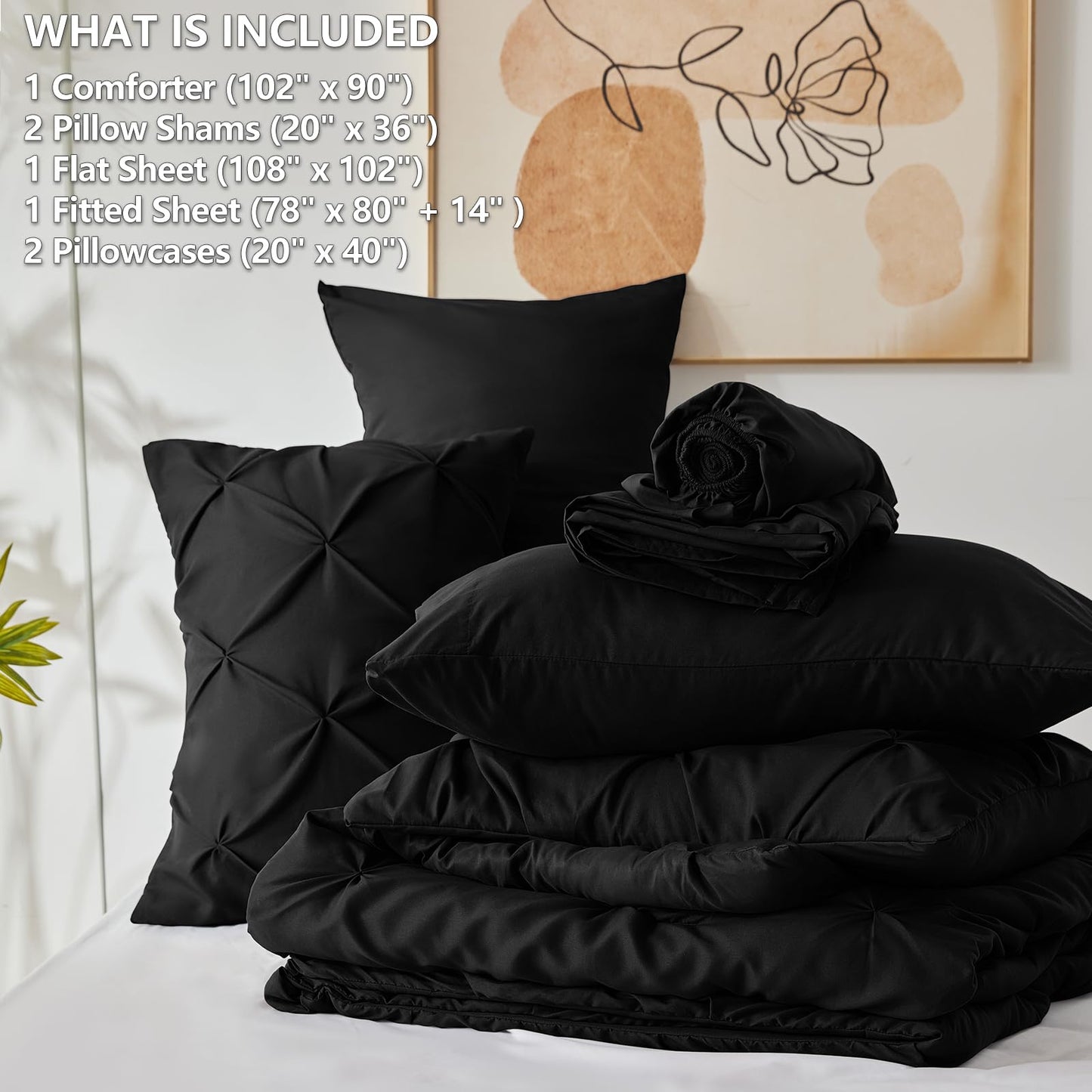 HIMEET King Size Comforter Set Black - 7 Pieces Pintuck Bed in a Bag, Pinch Pleat Modern Room Decor, All-Season Soft Bedding Gift with Comforter, Sheets, Pillowcases & Shams