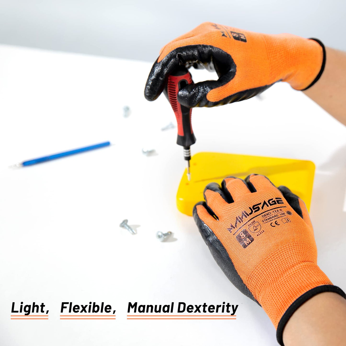 MANUSAGE Safety Work Gloves - Protective Glove for Men & Women - Ultrathin Hand Protection - For Construction, Gardening, Landscaping - Orange - Size L - 24 Pairs