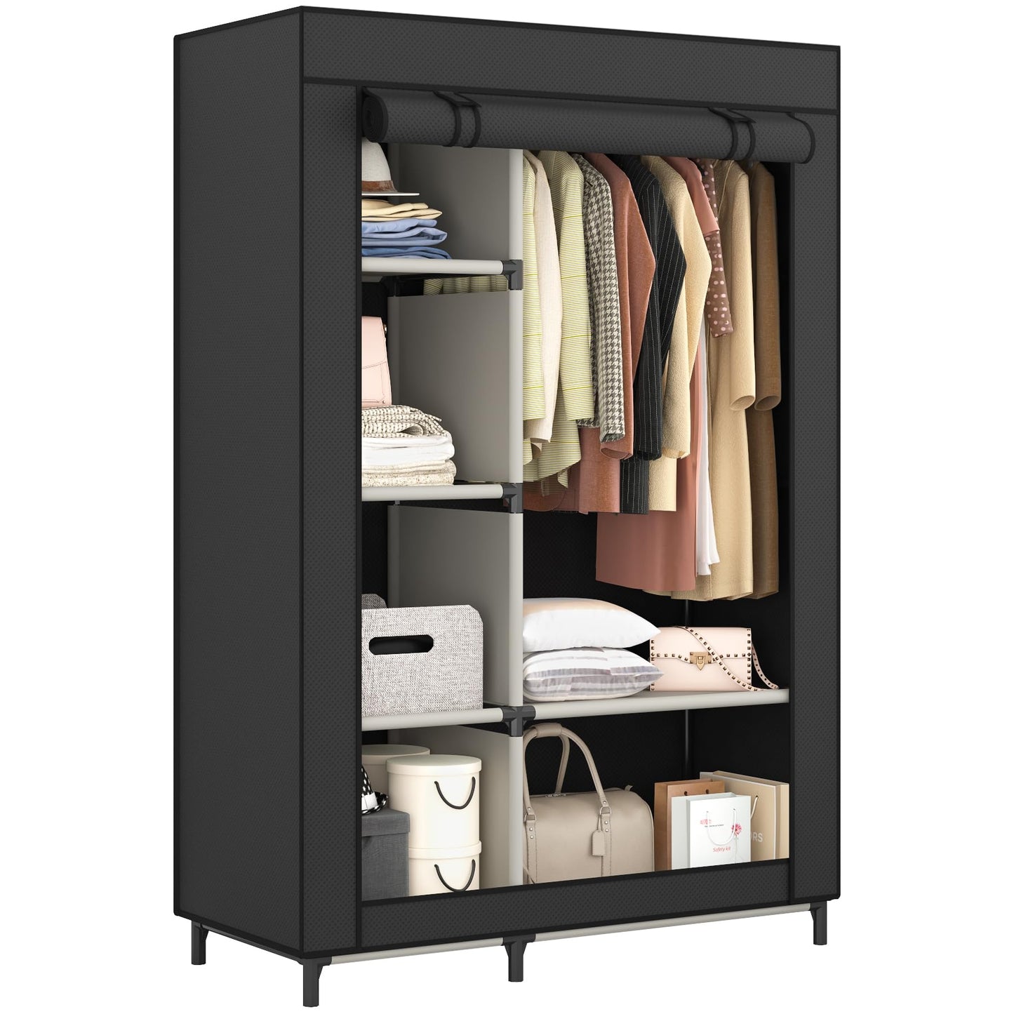 Calmootey Portable Closet Organizers, Clothing Storage, Wardrobe with 6 Shelves and Hanging Rod, Non-Woven Fabric Cover with 4 Side Pockets, Black