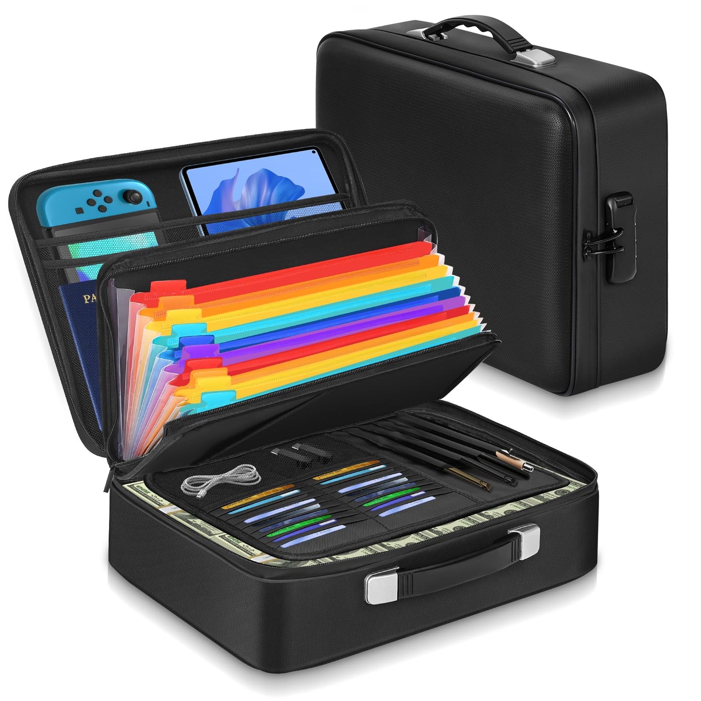 Fireproof Document Box with Combination Lock, Waterproof, Used for Storing Important Files, Certificates, Passport, Portable Travel Safe Hard Case Document Organizer (Black)