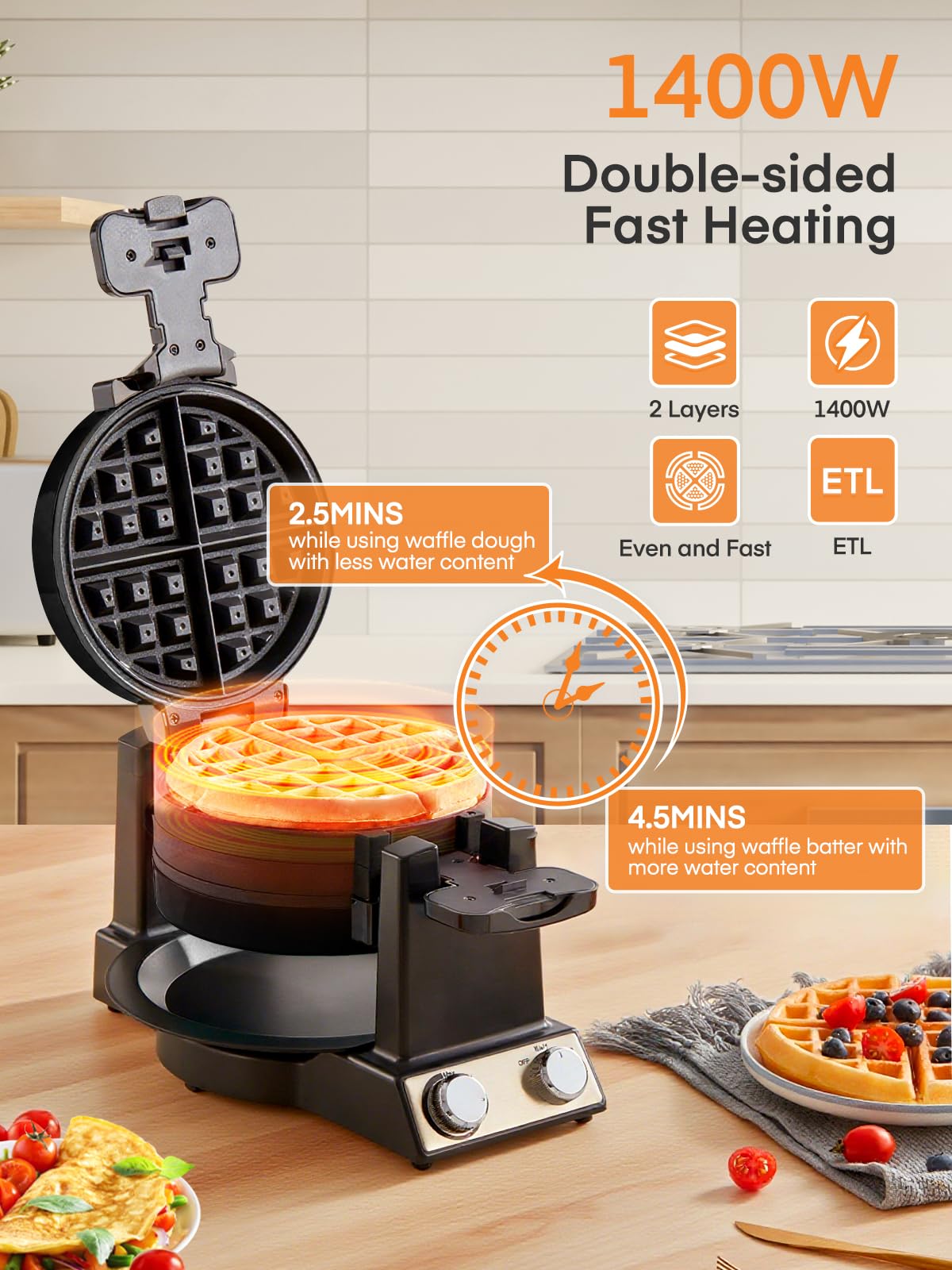 FOHERE 2-in-1 Omelette Maker&Waffle Maker, 1400W Omelet Maker 180° Flip, Adjustable Browning Control, Non-Removable & Nonstick Pans, Make Two Omelet and One Waffle at Once for Home (Dark Black)