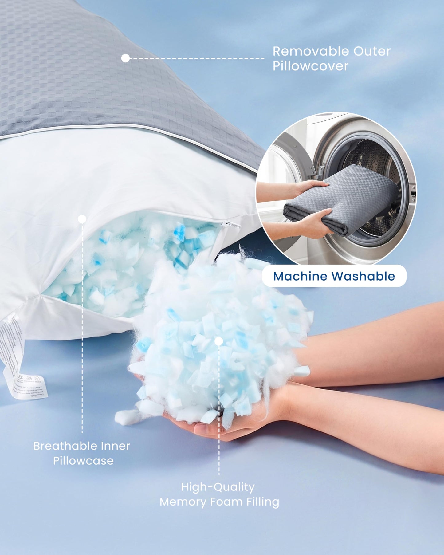 YZ HOME Cooling Body Pillow for Adults- Pillow Insert with Shredded Blue Memory Foam, Soft Support for Side Sleepper, Pregnant Women, Back Pain Relief, Washable Pillowcase (20x54 Inch, Grey)