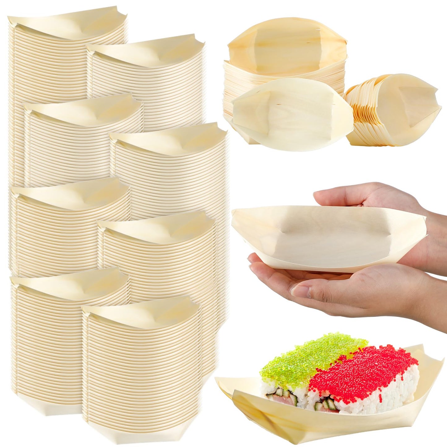 Hoolerry 1000 Pcs Disposable Wood Boat Plates Dishes 4 Inches Bamboo Plates Sushi Boat Disposable Bamboo Leaf Dish Serving Tray Food Container Wood Bowl For Catering Home