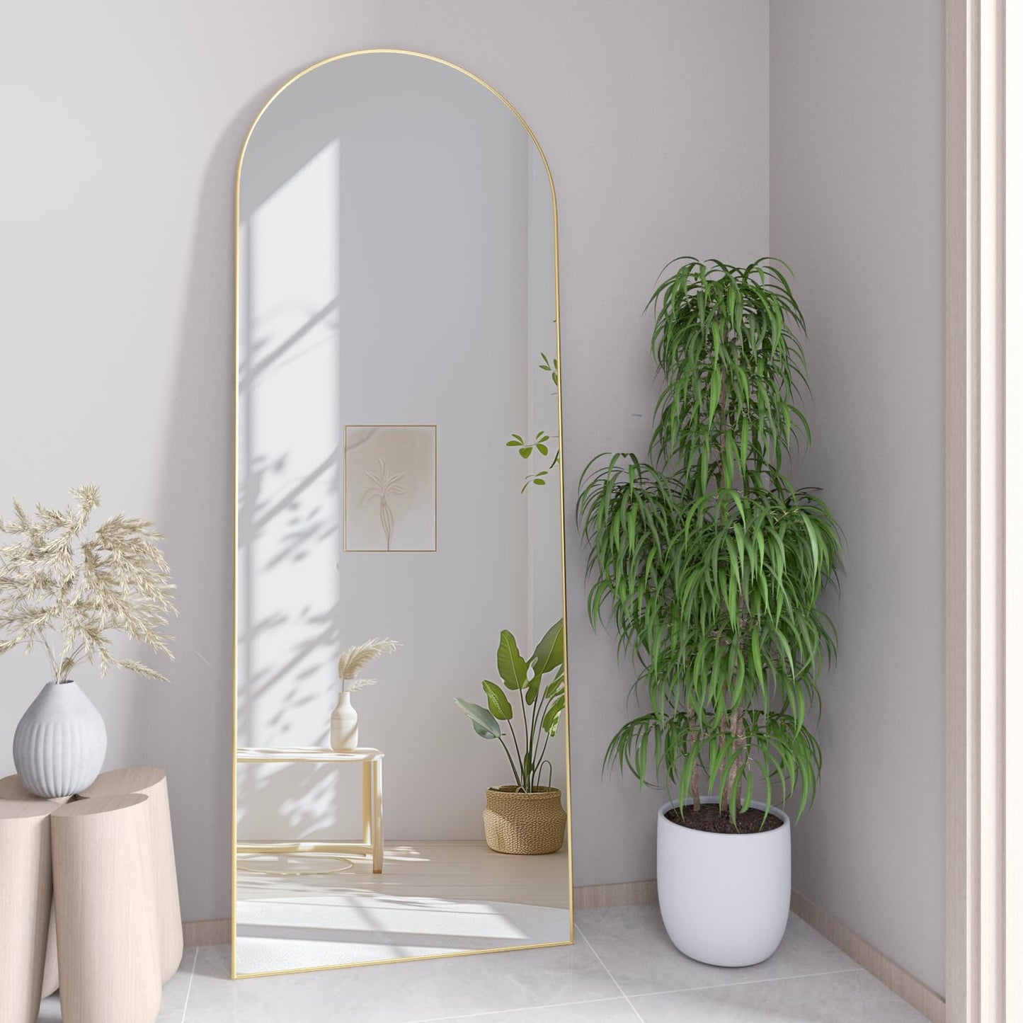 NEUWEABY Full Length Mirror, 56"x16" Arch Floor Mirror with Stand, Gold Arched Full Body Standing or Leaning Mirror for Bedroom, Living Room
