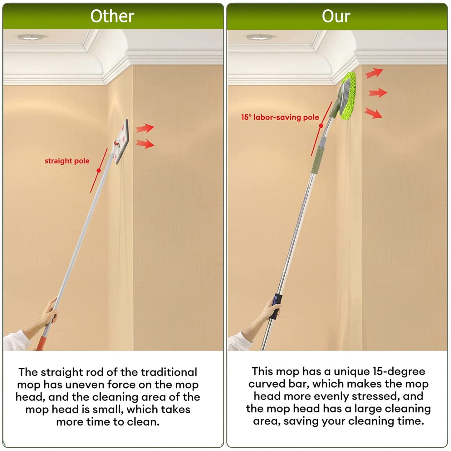Wall Cleaner, Max 66'' Wall Mop with Long Handle, Ceiling Dust Mop with 15° Labor-Saving Elbow Extension Pole, Baseboard Duster Washer Scrubber, High Reach Window Cleaning Brush, Roof Cleaning Tool-GN