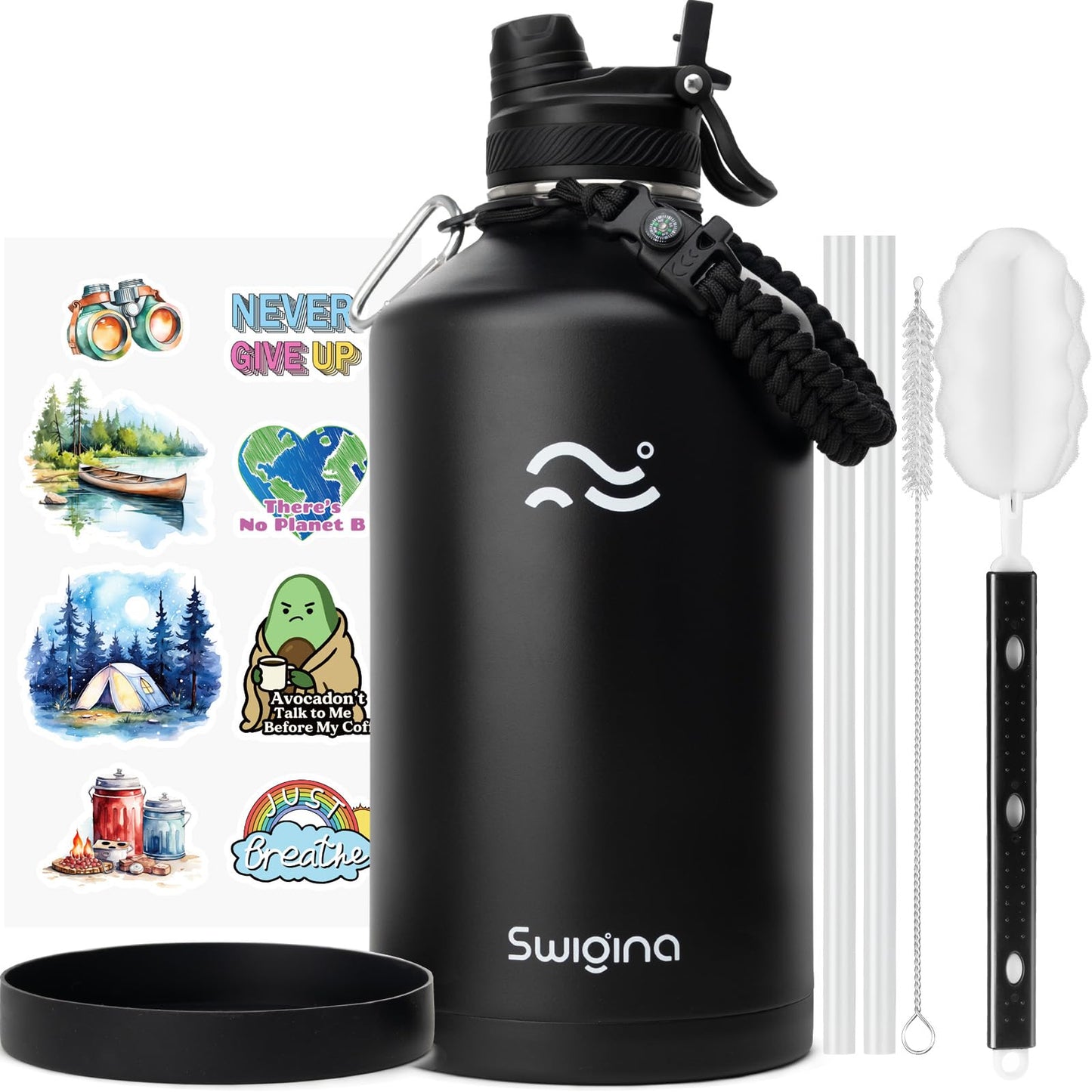 Swigina 1 Gallon Insulated Water Bottle with Silicone Boot (48hrs Cold/24hrs Hot) - DIY Stickers, Leakproof, BPA Free, 128 oz [2-IN-1 LID]