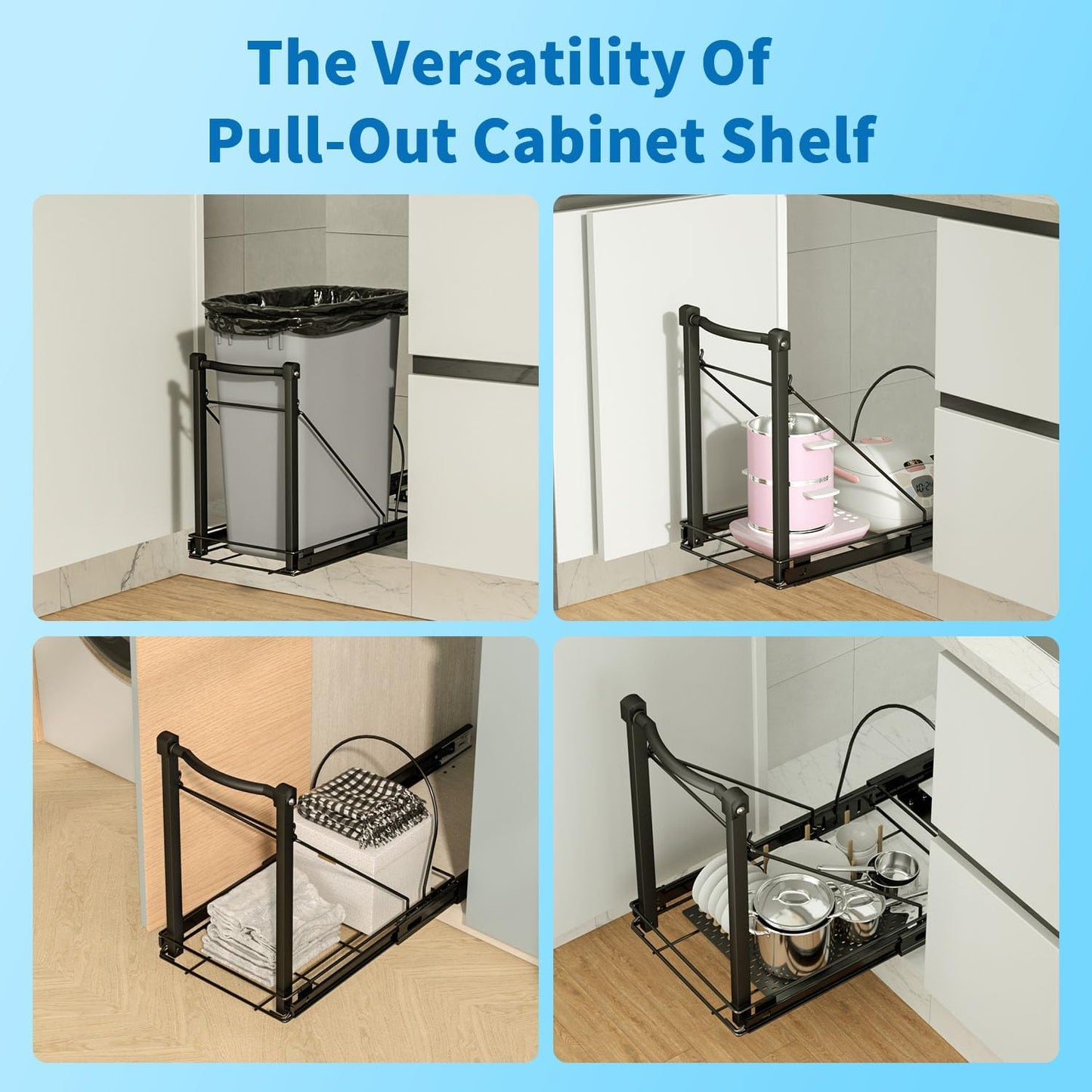 Chenthrall Adjustable Under Cabinet Trash Can Organizer with Soft Close Rail - Heavy Duty Black Steel Under Sink Pull-Out Organizer, Fits 7-13 Gallon, Up to 125 lbs Capacity (Trash Can Not Included)