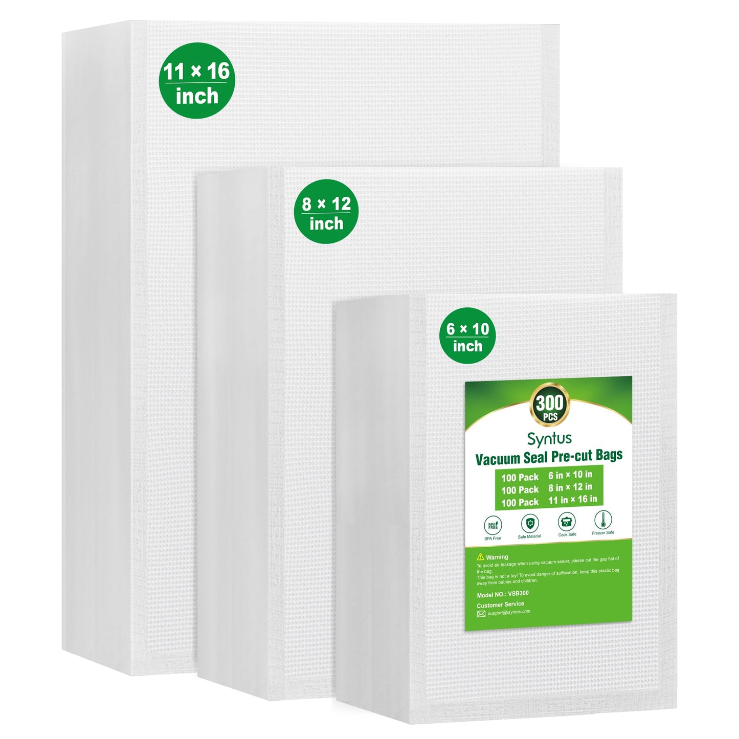 Syntus Vacuum Sealer Bags, 300 Gallon 11" x 16" and Quart 8" x 12" and Pint 6" x 10" Commercial Grade PreCut Bag, BPA Free Food Vac Bags for Storage, Meal Prep or Sous Vide