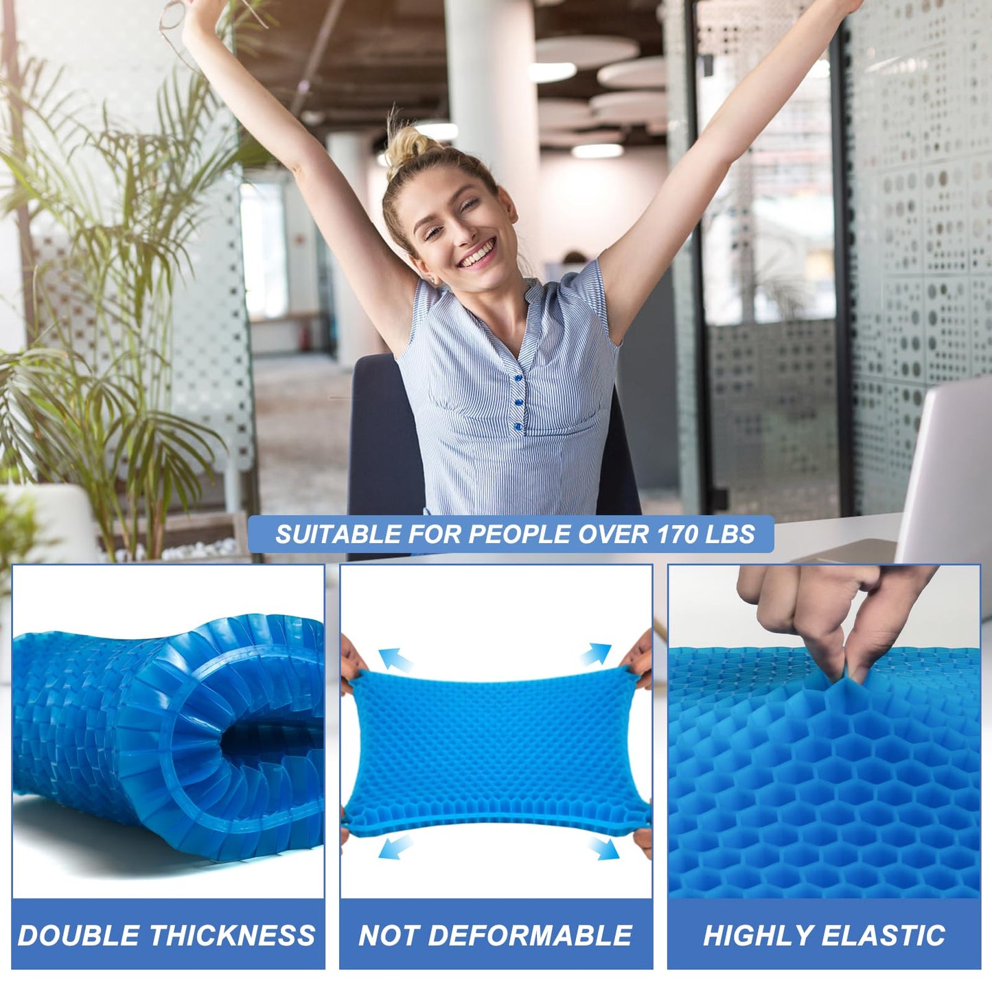 Gel Seat Cushion for Long Sitting - 18" x 16" x 2.4" (Extra Thick＆Soft) Gel Cushion for People Over 200 lbs, Pressure Relief Cushion for Office Chair, Egg Cushions for Wheelchair, Gel Pad for Car