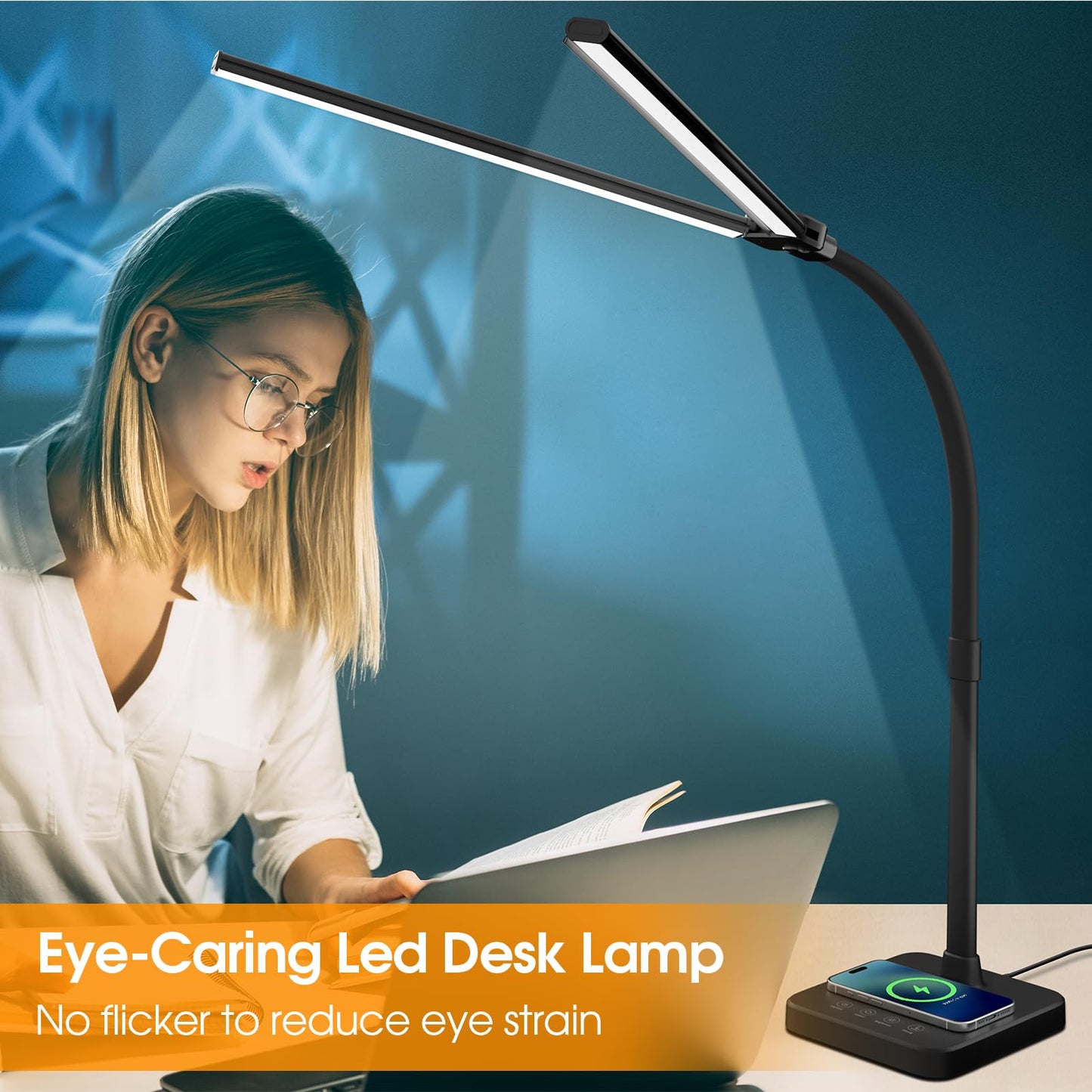 ShineTech LED Desk Lamp for Home Office, 24W Double Head Desk Light with Wireless Charging, USB Port, 25 Lighting Modes Adjustable Lamps