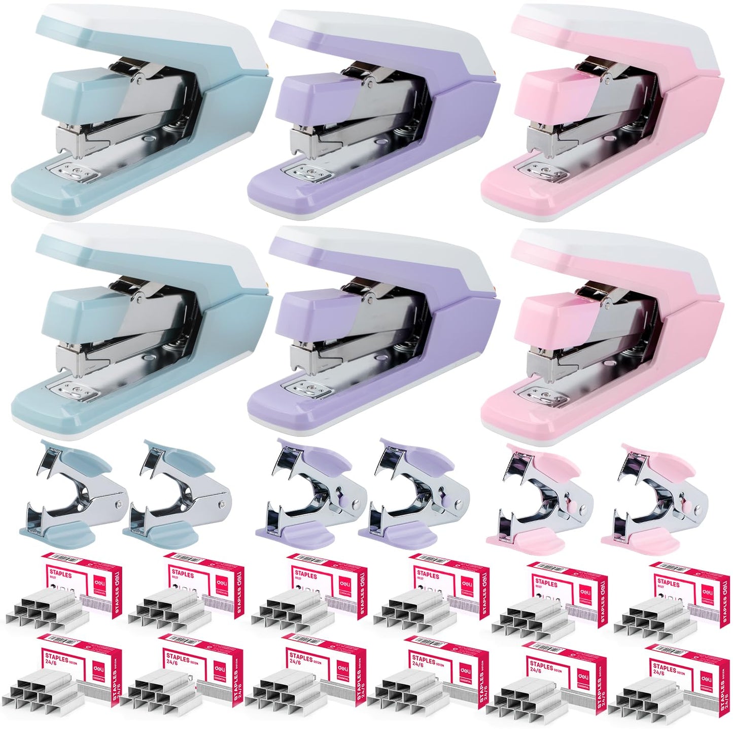 Deli Stapler, Effortless Staplers for Desk, 40-50 Sheet Capacity Heavy Duty, One Touch, No Effort, Easy to Load, with 1500 Staples & Staple Remover, 6 Pack, 3 Colors