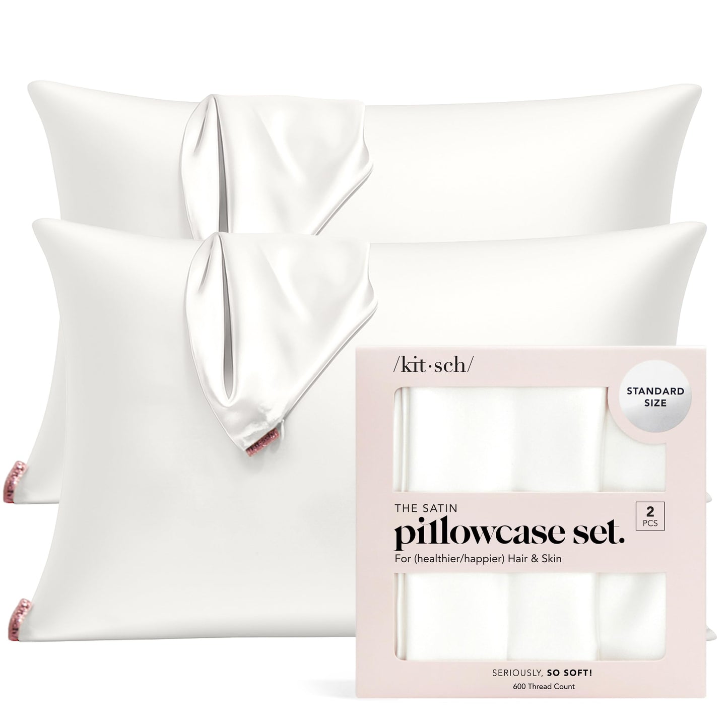 Kitsch Satin Pillowcase with Zipper for Hair & Skin - Softer Than Silk Pillow Cases, Smooth Cooling Satin Pillow Case, Wrinkle-Free, Machine Washable - Pillow Cases Standard Size (19x26), Ivory 2pcs