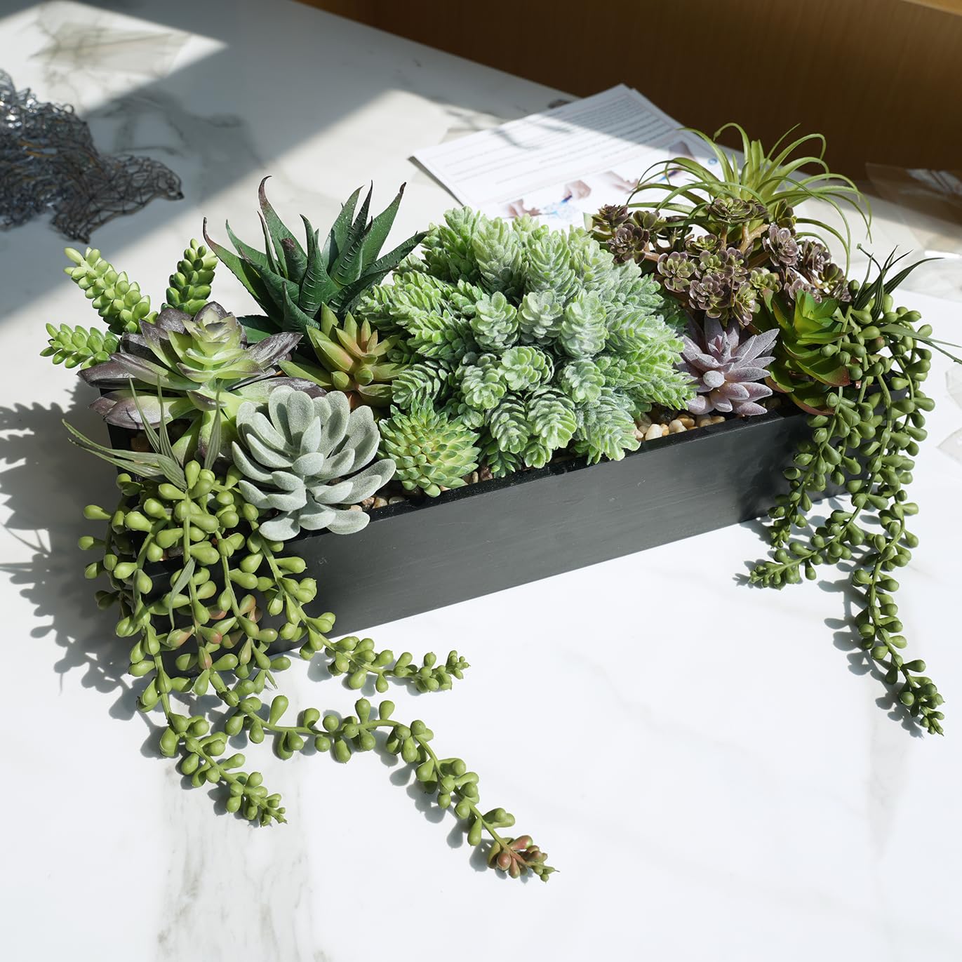 Winlyn 15" Artificial Succulents Arrangement Faux Succulents in Rectangular Black Wooden Planter Box Faux Potted Succulents Plant Garden for Gifts Home Table Centerpiece Mantel Greenery Décor