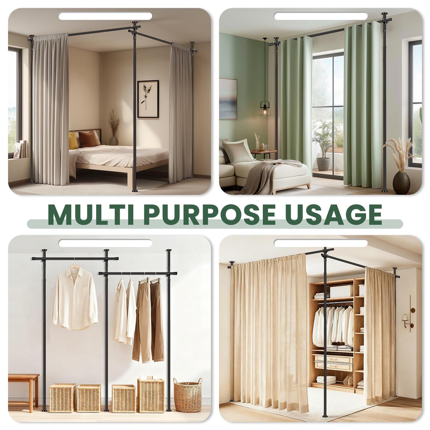 Jilron Room Divider Curtain Rod Tension Rod No Drilling, Adjustable Height, Quick Setup for Rental, Dorm, Bedroom, Office(Black - W72-200 × H43-120 in)