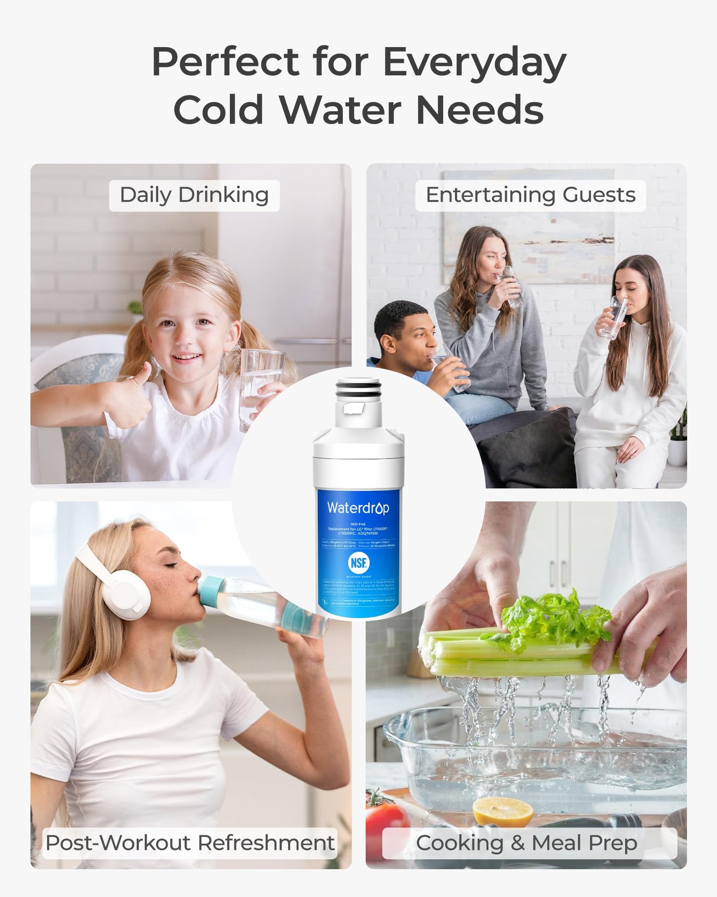 Waterdrop LT1000PC ADQ747935 Refrigerator Water Filter and Air Filter, Replacement for LG® LT1000P®, LMXS28626S, LFXS26973S, LFXS26596S, LFXS28596S, ADQ74793501, ADQ74793502 and LT120F®, 4 Combo