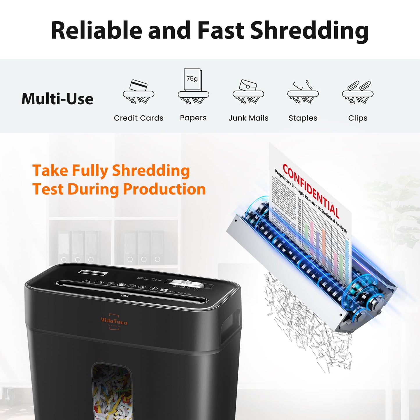VidaTeco 8-Sheet Cross Cut Paper Shredder, P-4 High Security Shredders for Home Office & Small Commercial Use, Anti-Jam & Overheat Protection, Shreds Credit Card, Staple & Paper Clips, 3.04-Gallon Bin