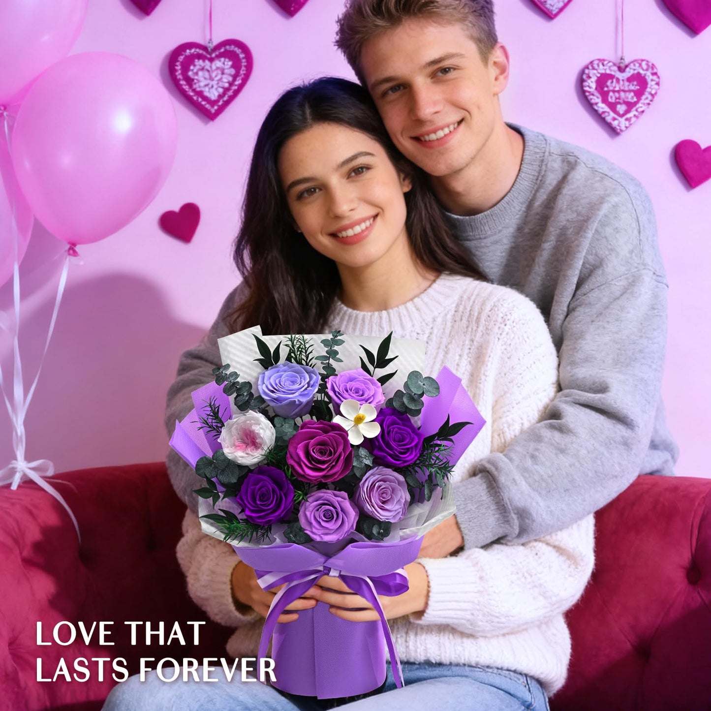 Forever Rose Flowers for Delivery, 8-Piece Preserved Roses Bouquet for Mothers Day Gifts, Long Lasting Purple Roses with Gift Box for Mom, Forever Flowers with Vase Birthday Gift for Her Wife