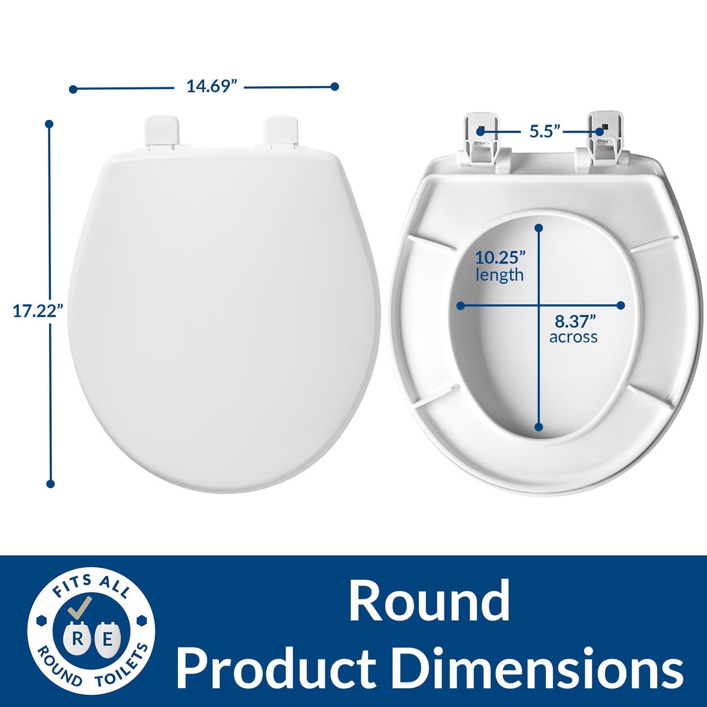 Mayfair Caswell Modern Slow Close Toilet Seat, Durable Plastic Seat, Made in USA, Round, White