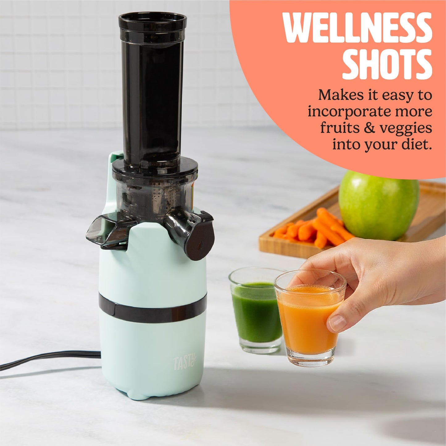 Tasty Slow Juicer, Compact Masticating Juicer with Pulp Separation, Maximum Juice Yield for Fresh, Nutrient-Rich Drinks, Easy Clean-Up & Compact Design, Aqua