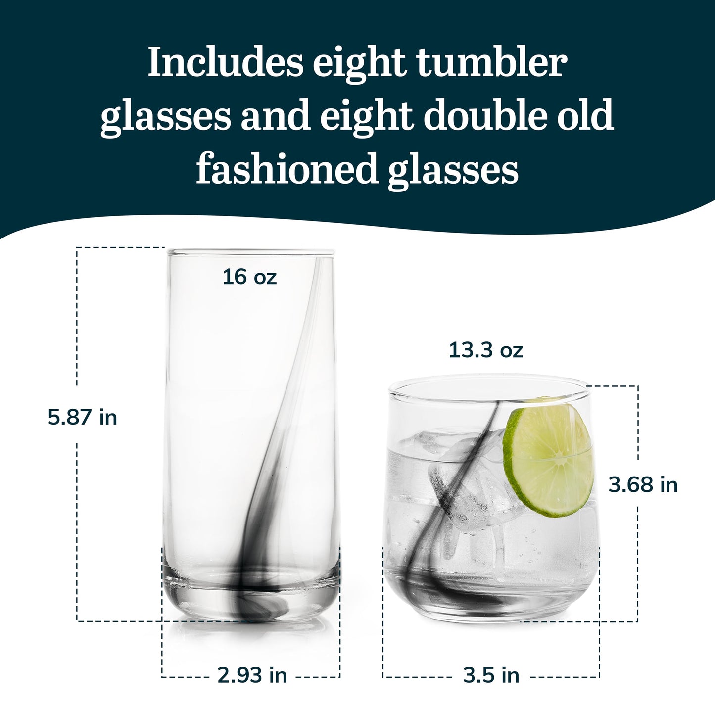 Libbey Ascent Black Ribbon Tumbler and Rocks Drinking Glasses Set of 16, Glass Drinking Glasses with Curvature, Versatile Glassware Set for Daily Use
