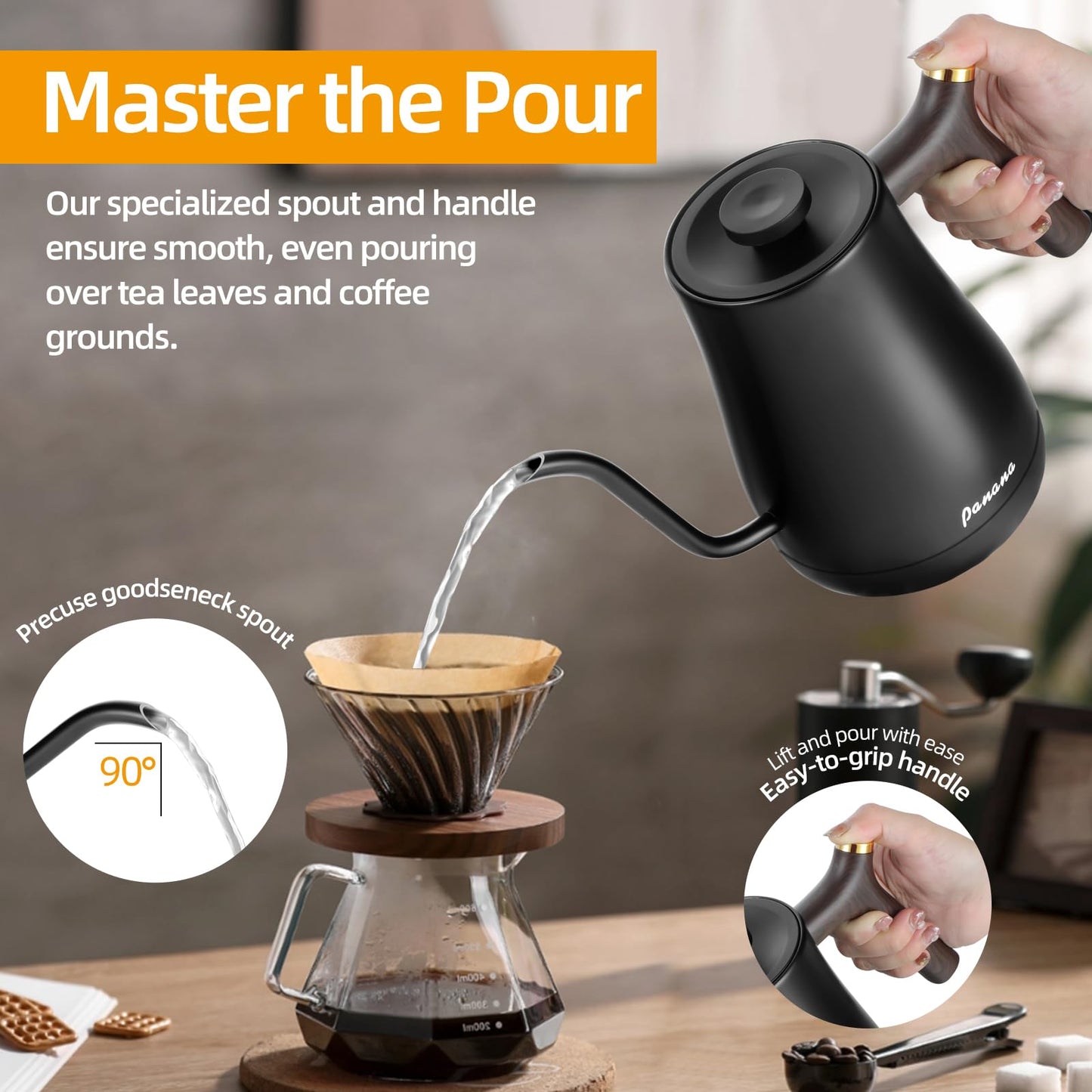 Panana Electrick Kettle, Gooseneck Electric Kettle Temperature Control with LCD Display, Pour Over Coffee Tea Kettle, Fast Heating, Overheat Protection, Memory Function,0.8L