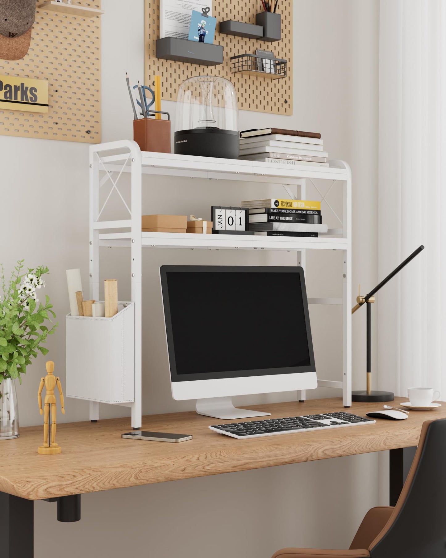 VERSASKY Desktop Shelves, Monitor Stand with Adjustable Shelves and Side Pockets, 2-Tier Desktop Bookshelf Organizer, Large Capacity Display Shelf Rack, Desk Hutch for Home Office, Study Room, White