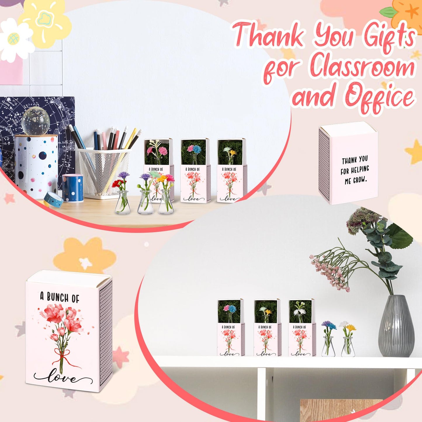 Wonderjune 50 Sets CNA Week Gifts Bulk for Women Positive Mini Flowers with Bud Vases Office Desk Decor Mini Box Breathing Thank You End of Year Graduation Favors for Coworker (Clear)