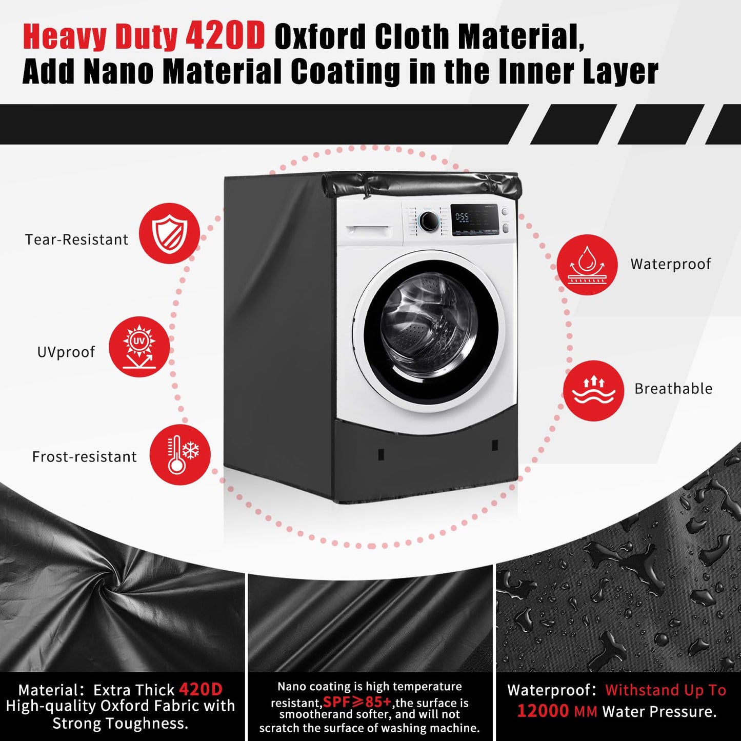 Washer and Dryer Covers 2PCS,Heavy Duty 420D Oxford Washer Dryer Cover for Front-Loading,Washing Machine Cover with 2 Waterproof Zippers and 3 Windproof Buckles