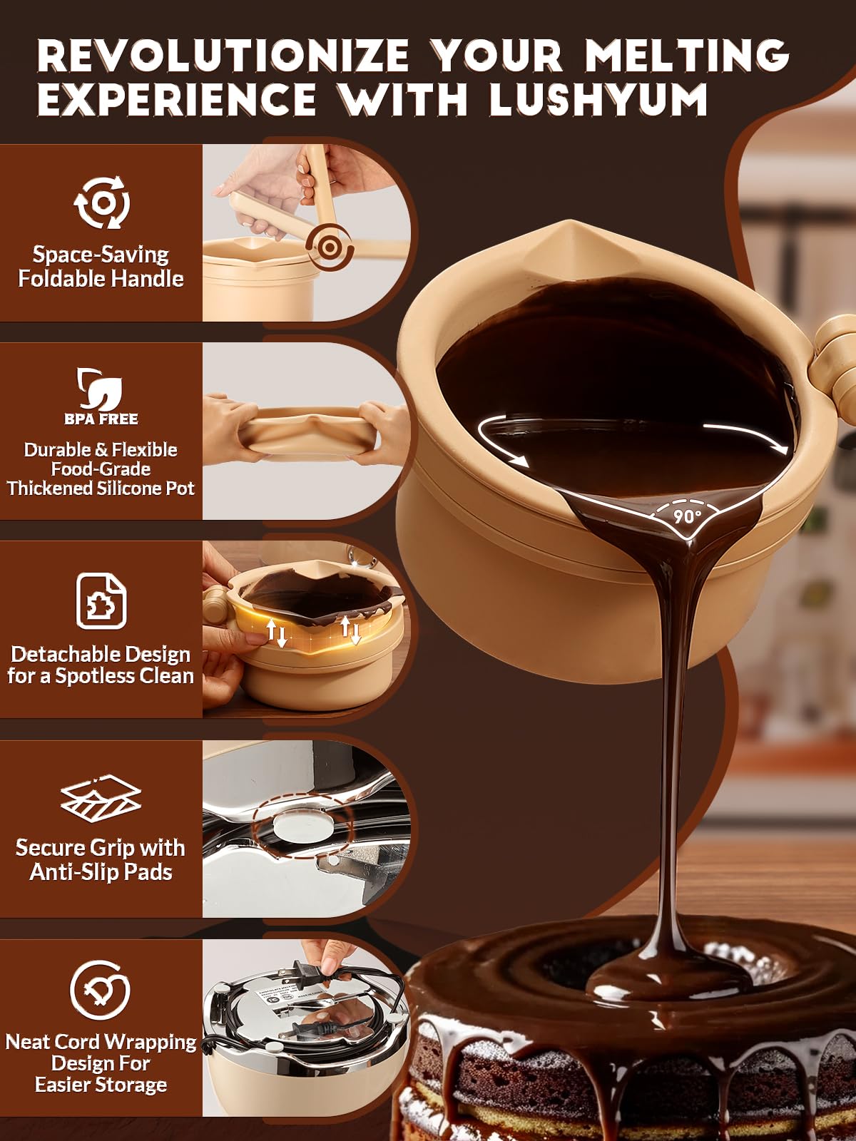 LUSHYUM Chocolate Melting Pot Candy Melts Melter with 2 Insert Pots and Spatula, 4 Cups Capacity Warmer Machine, Ideal Dipping Tool Kitchen Supplies for Making Cake Pop Covered Strawberries Fondue